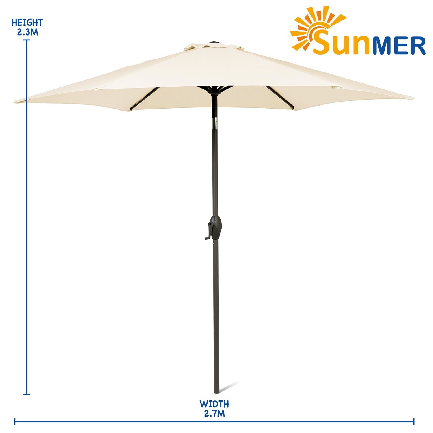 SUNMER 2.7M Parasol with Crank Mechanism Sun Shading Water Repellent Polyeste Easy to Open and Close Crank Mechanism