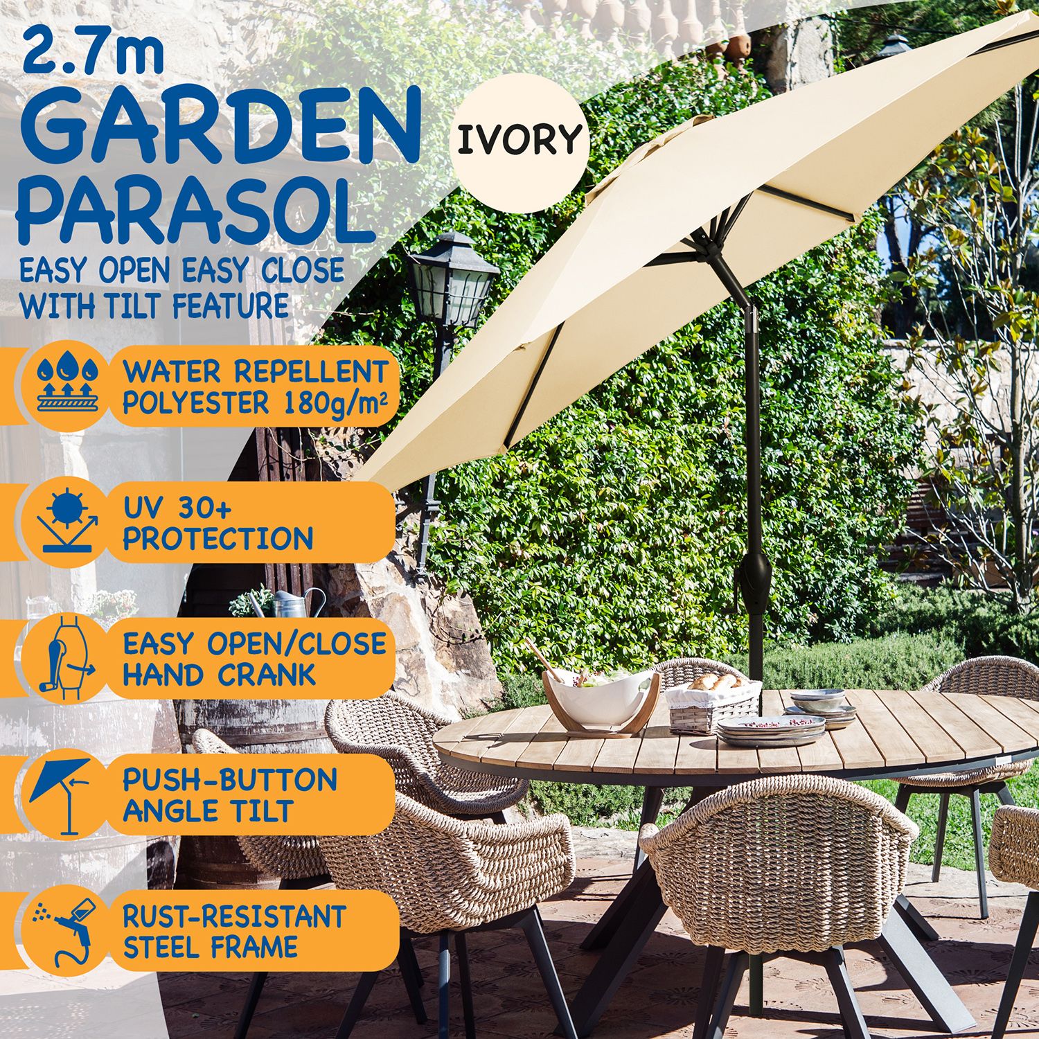 SUNMER 2.7M Parasol with Crank Mechanism Sun Shading Water Repellent Polyeste Easy to Open and Close Crank Mechanism