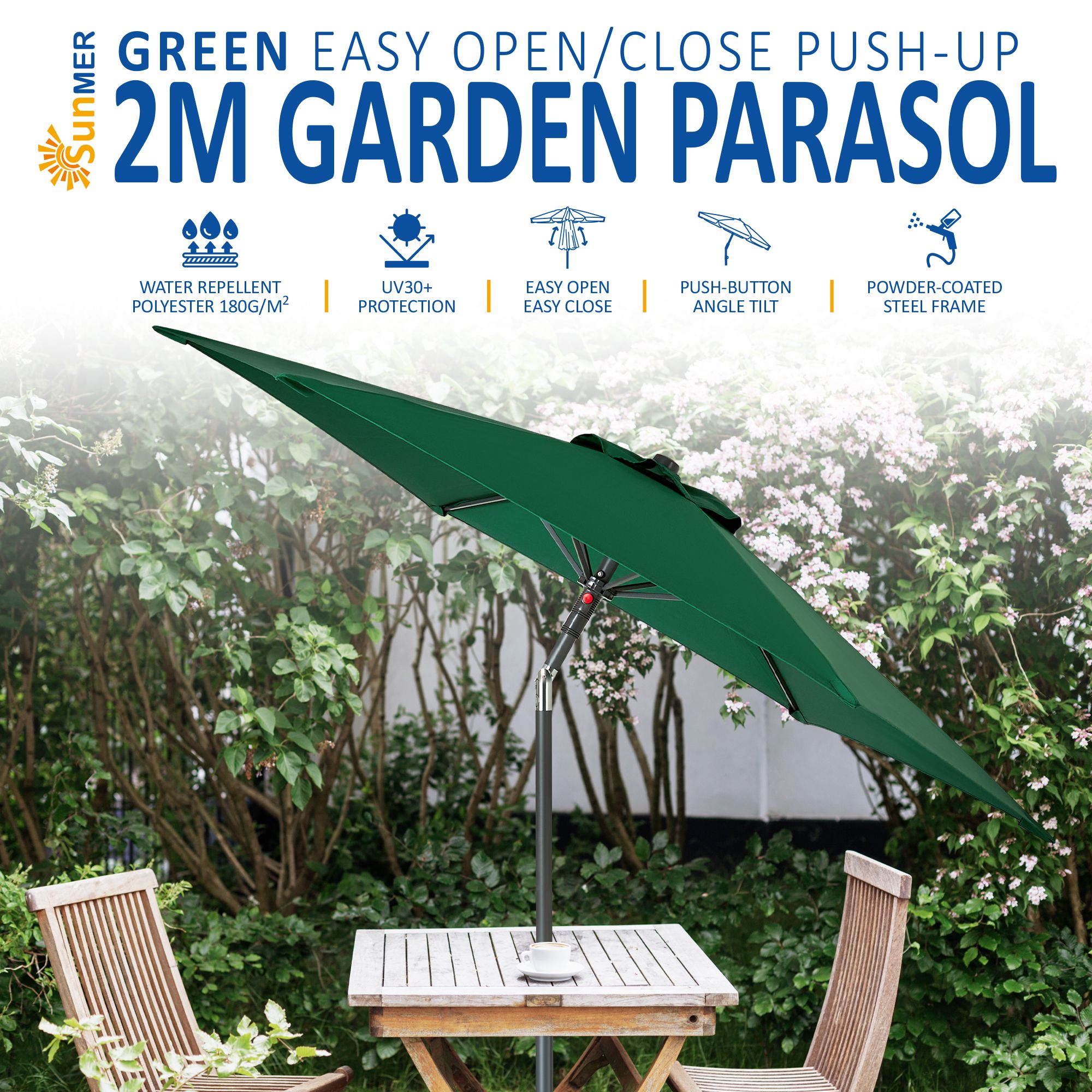 SUNMER 2M Push-up Garden Parasol Sun Shading Umbrella, Easy Open/Close Push Up with Tilt, Water Repellent Polyester, Powder-Coated Steel Frame