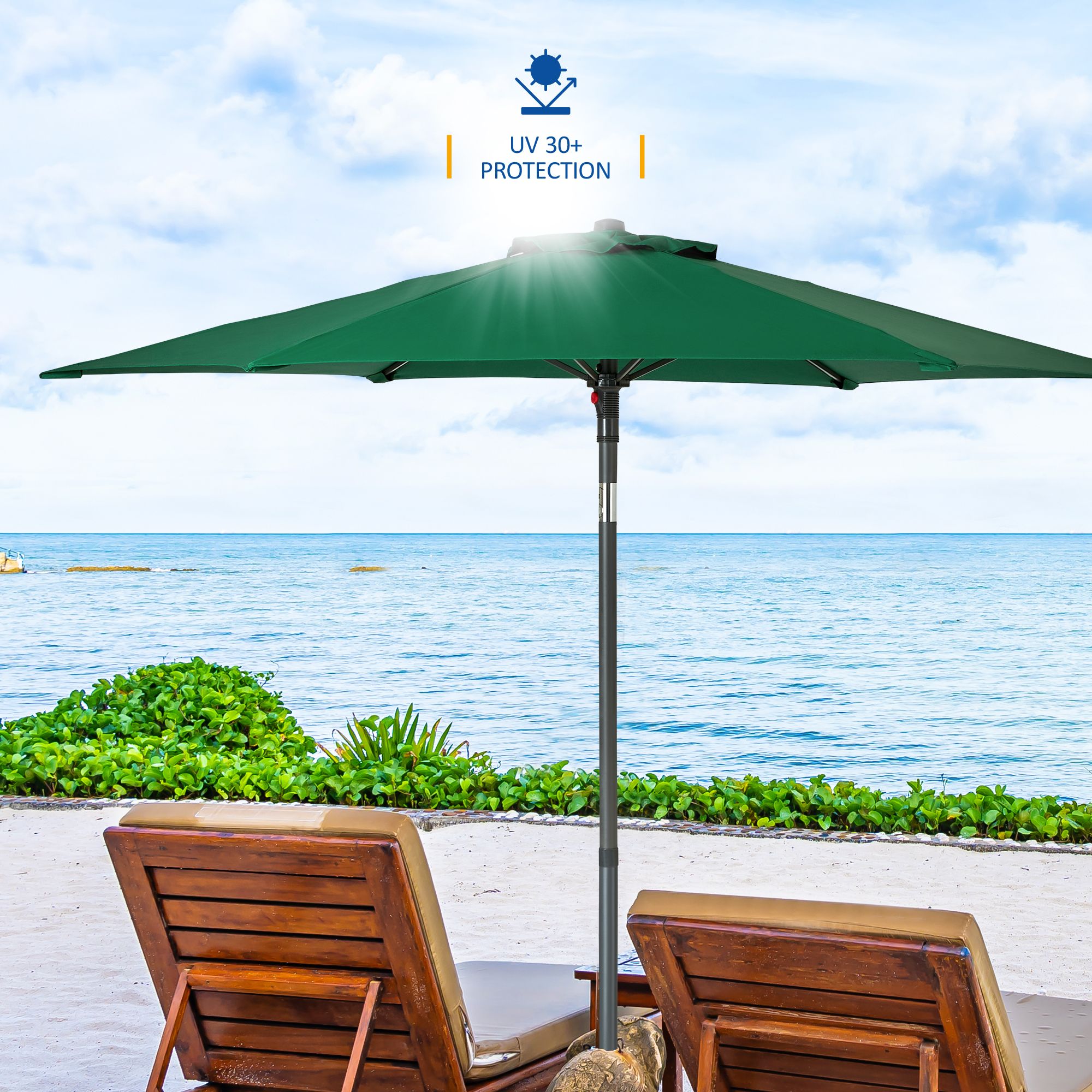 SUNMER 2M Push-up Garden Parasol Sun Shading Umbrella, Easy Open/Close Push Up with Tilt, Water Repellent Polyester, Powder-Coated Steel Frame