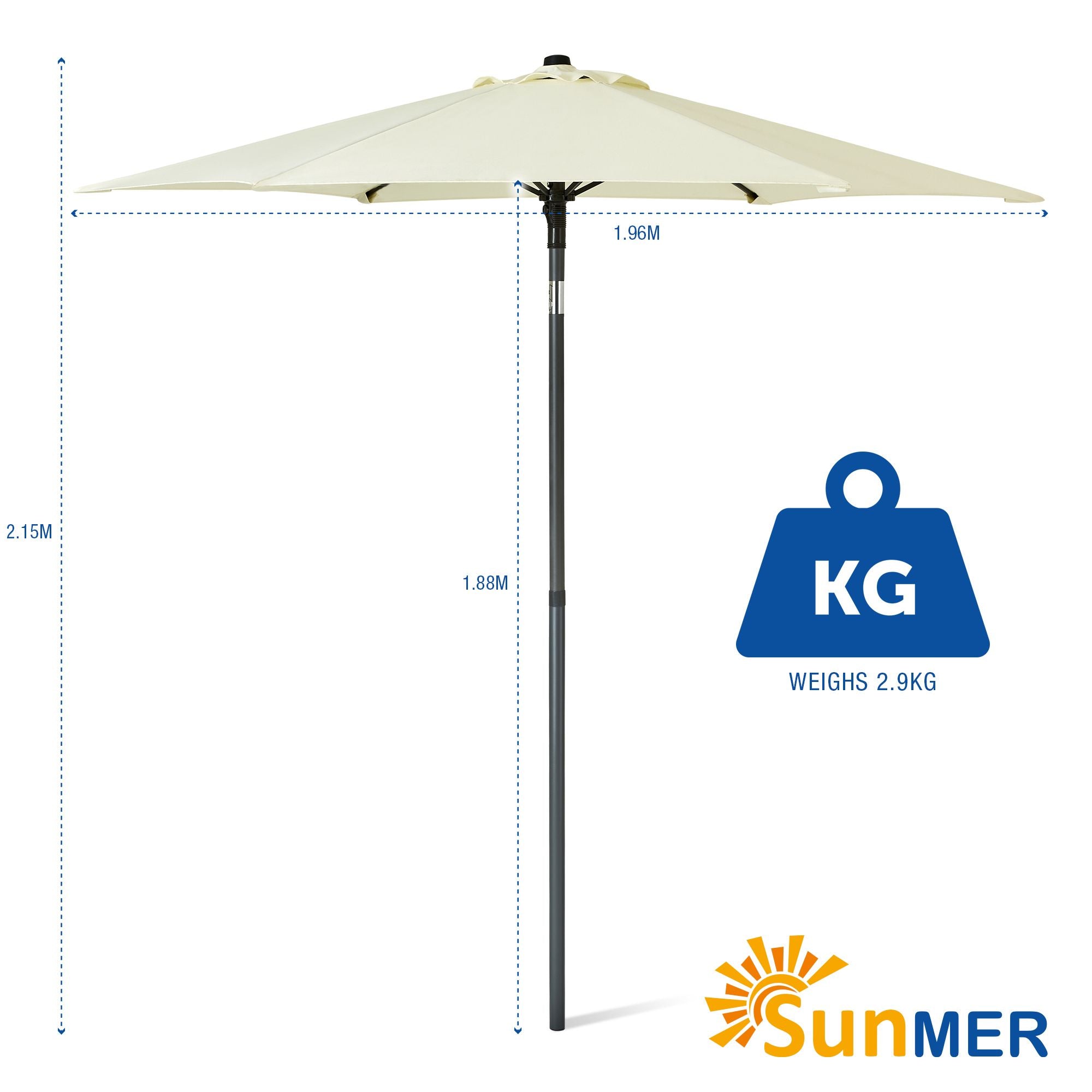SUNMER 2M Push-up Garden Parasol Sun Shading Umbrella, Easy Open/Close Push Up with Tilt, Water Repellent Polyester, Powder-Coated Steel Frame