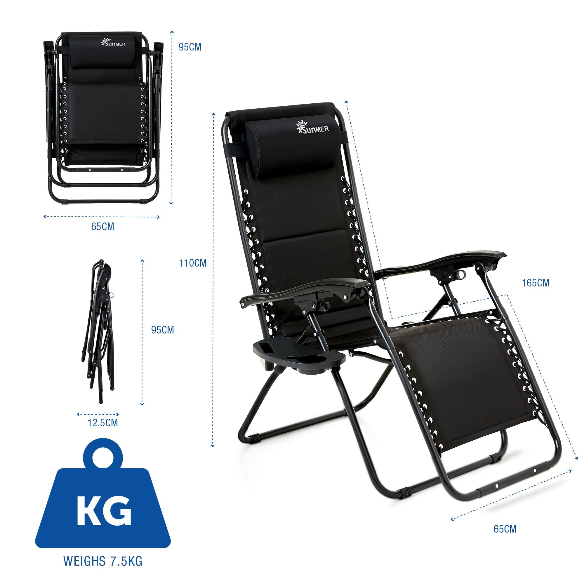 SUNMER Set of 2 Sun Lounger Garden Chairs With Cup And Phone Holder