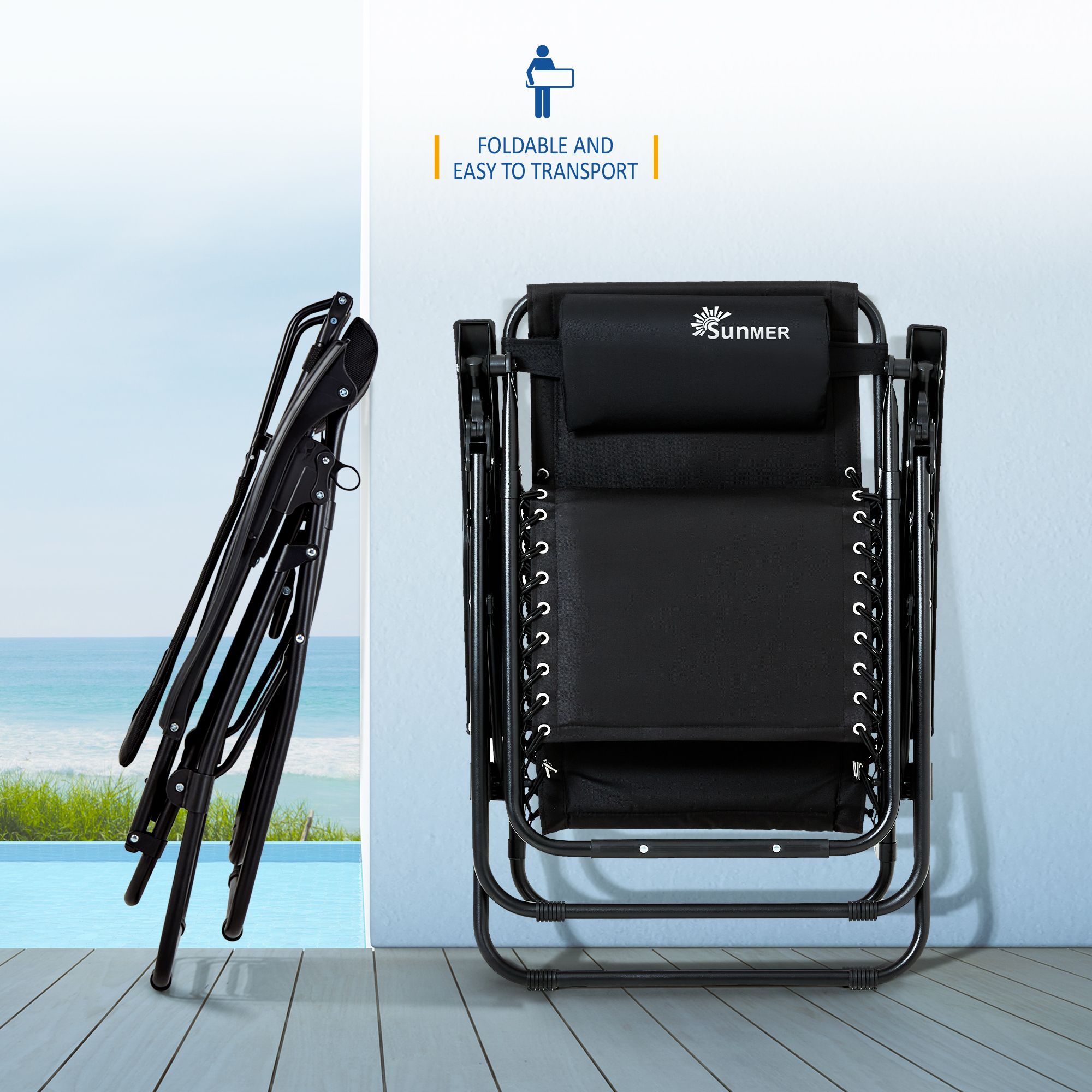 SUNMER Set of 2 Sun Lounger Garden Chairs With Cup And Phone Holder