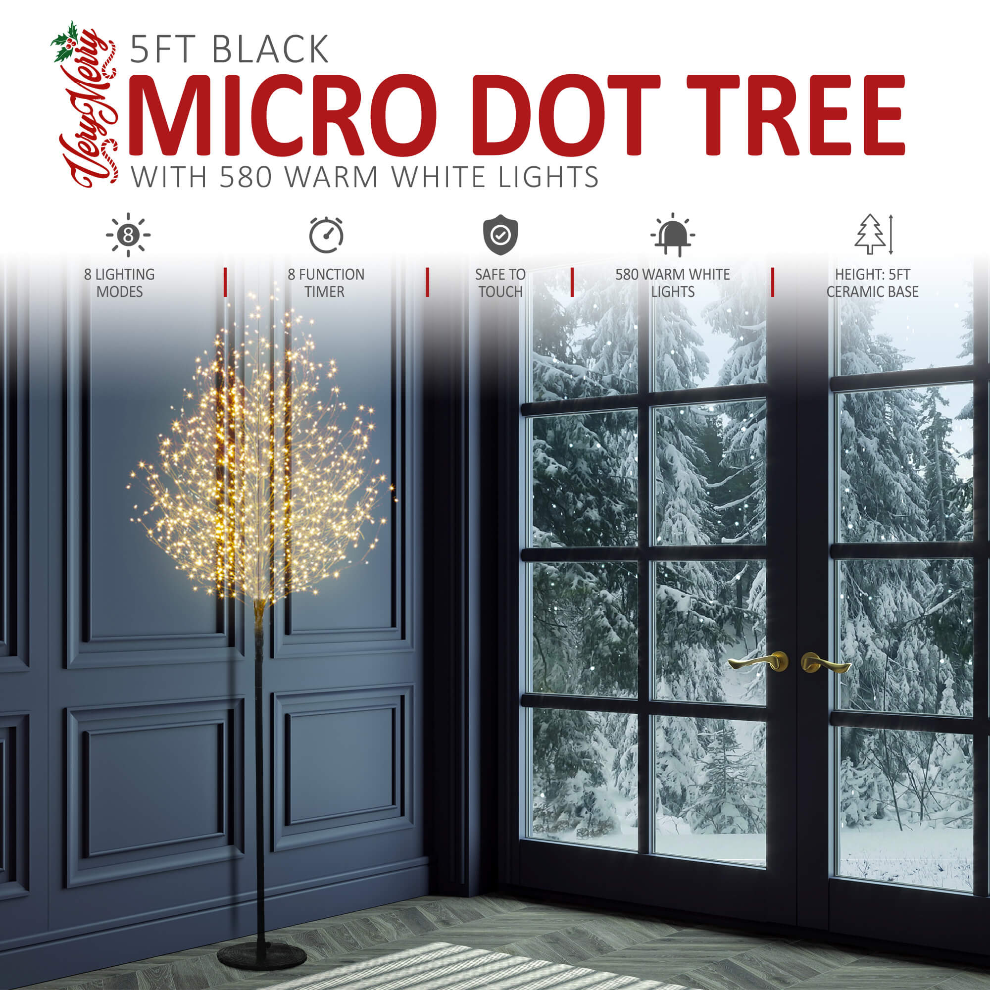 VeryMerry Micro Dot Birch Pre-Lit Christmas Tree with 900 LED Warm White Lights - Black