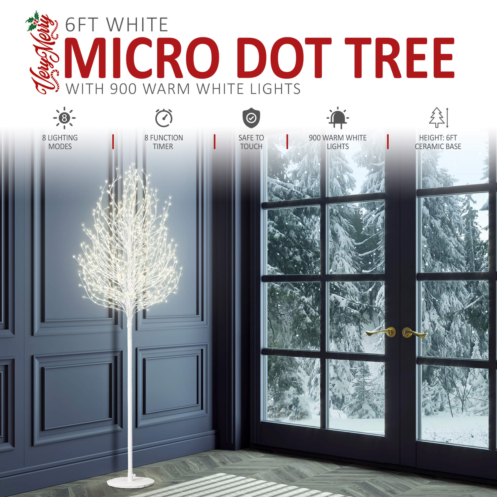 VeryMerry Micro Dot Birch Pre-Lit Christmas Tree with 900 LED Warm White Lights - Black
