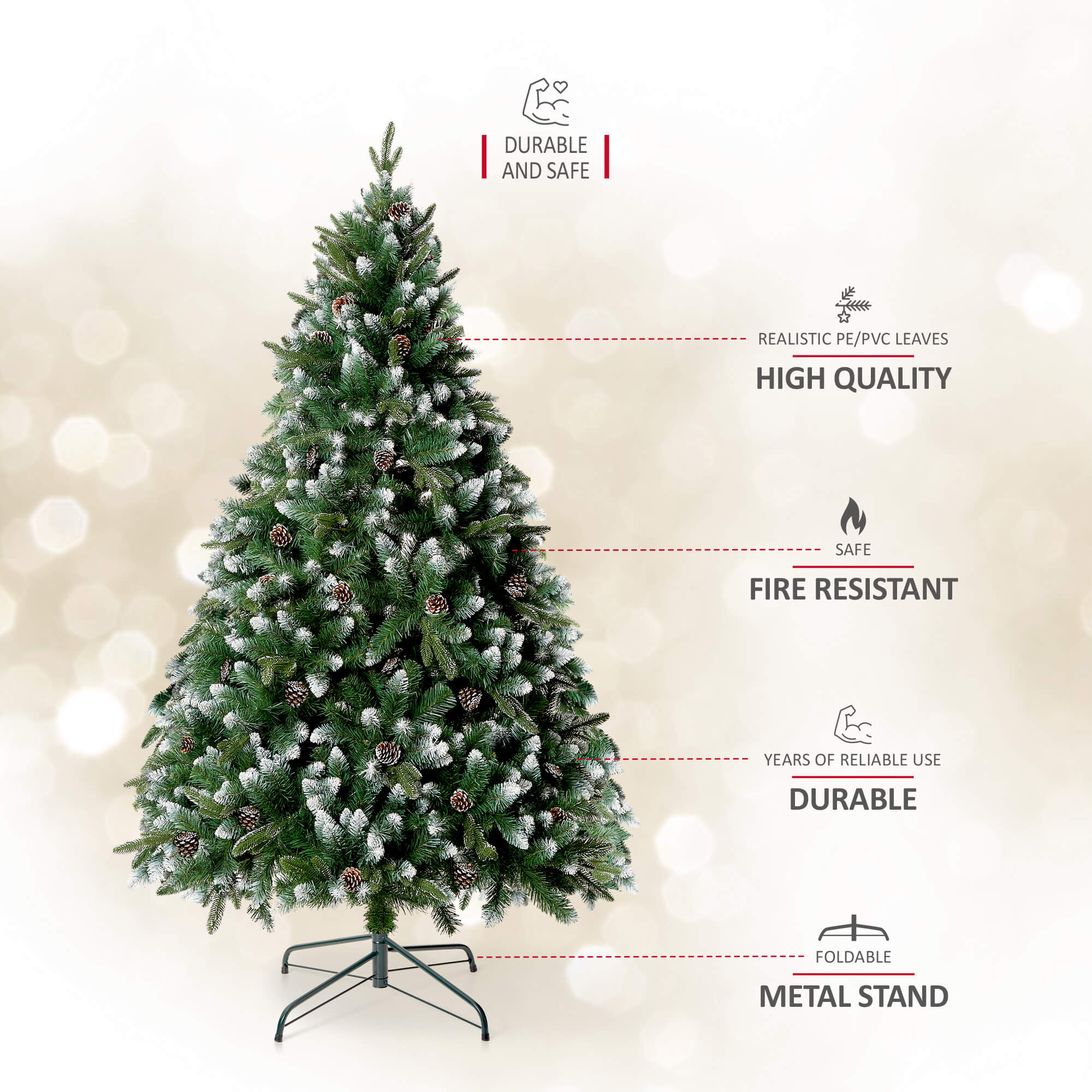 VeryMerry Glacier Snowy Christmas Tree with Real Frosted Pinecones, Foldable Metal Stand, Snow Flocked Artificial Tree PVC and PE Tips