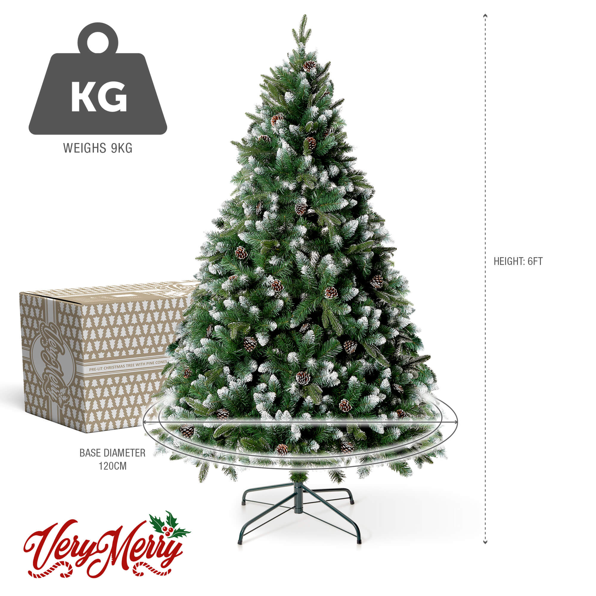 VeryMerry Glacier Snowy Christmas Tree with Real Frosted Pinecones, Foldable Metal Stand, Snow Flocked Artificial Tree PVC and PE Tips