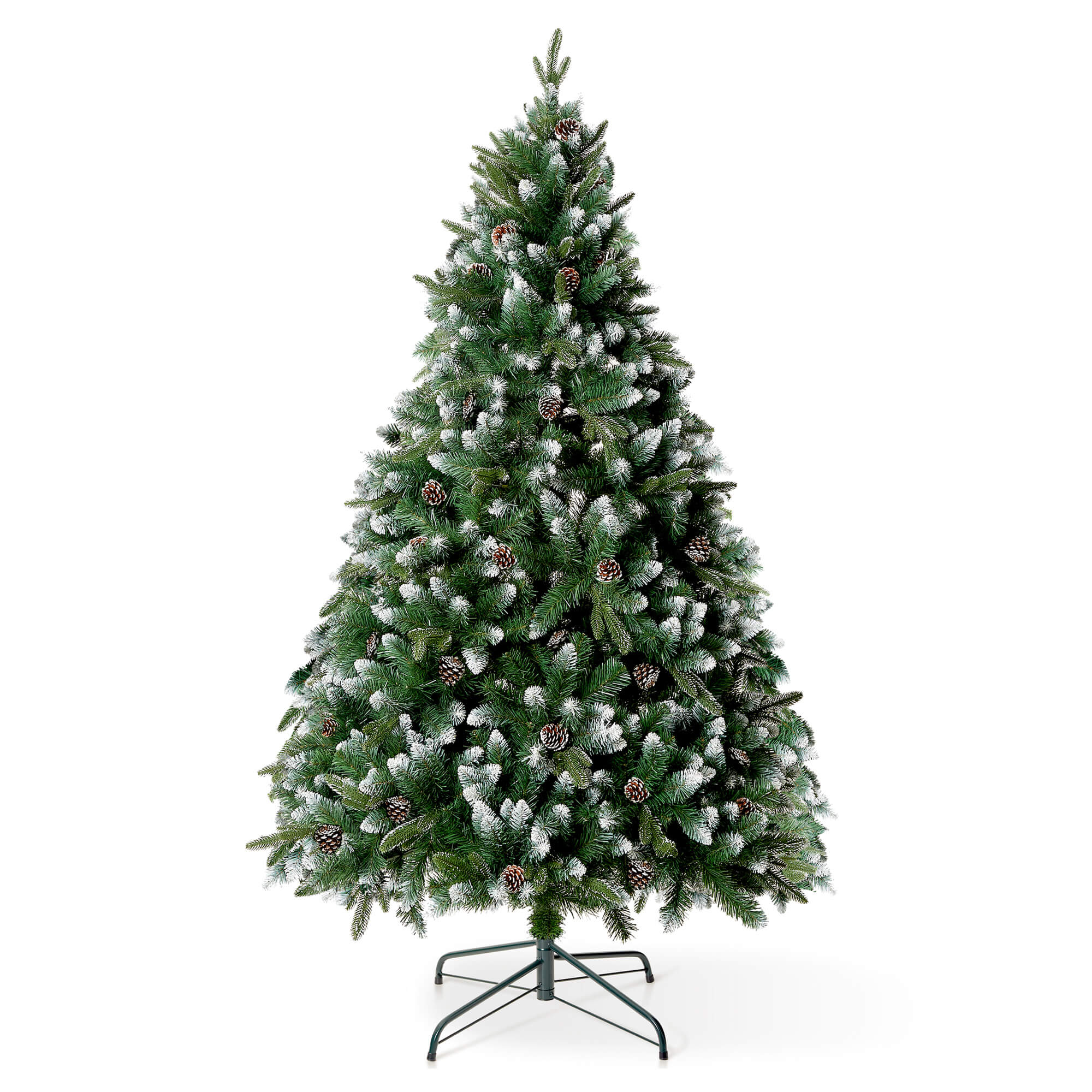 VeryMerry Glacier Snowy Christmas Tree with Real Frosted Pinecones, Foldable Metal Stand, Snow Flocked Artificial Tree PVC and PE Tips
