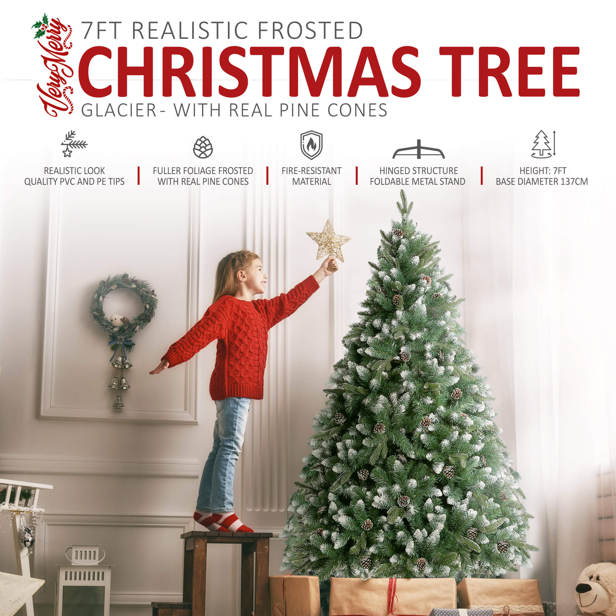 VeryMerry Glacier Snowy Christmas Tree with Real Frosted Pinecones, Foldable Metal Stand, Snow Flocked Artificial Tree PVC and PE Tips