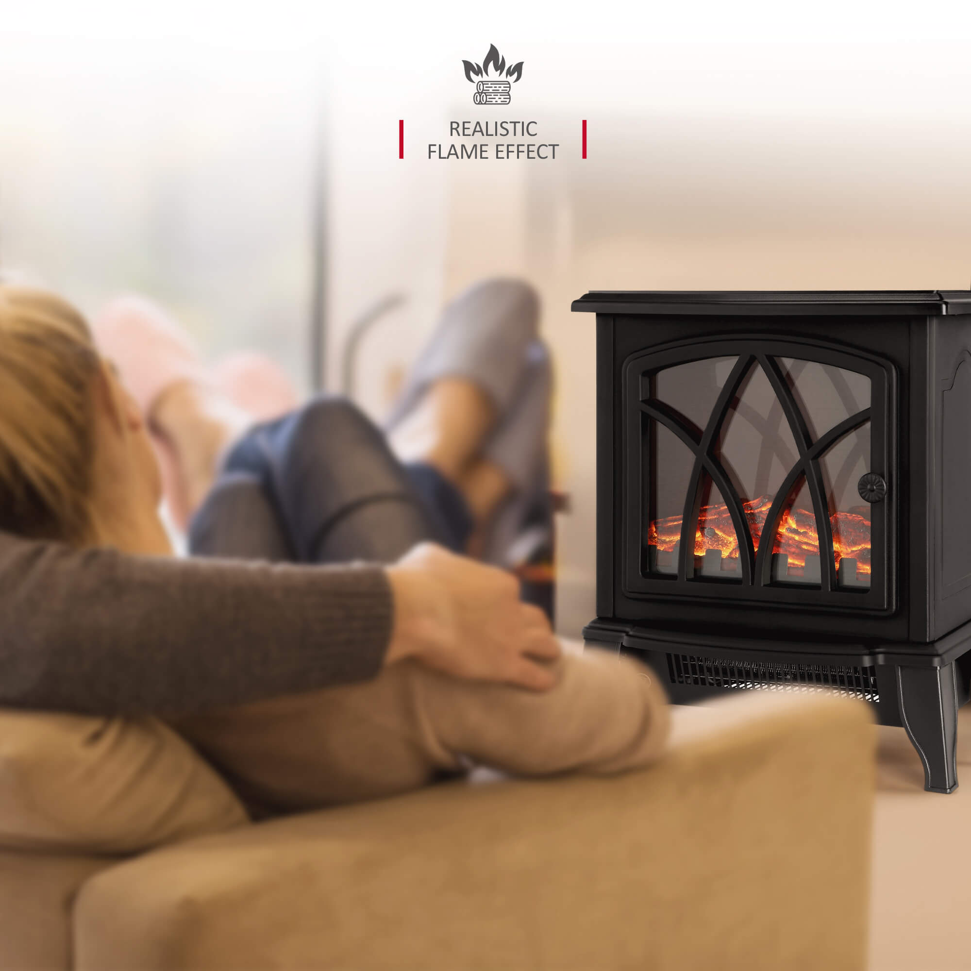 NETTA Electric Stove Heater Fireplace Fire Log Effect 1600-1800W - Black