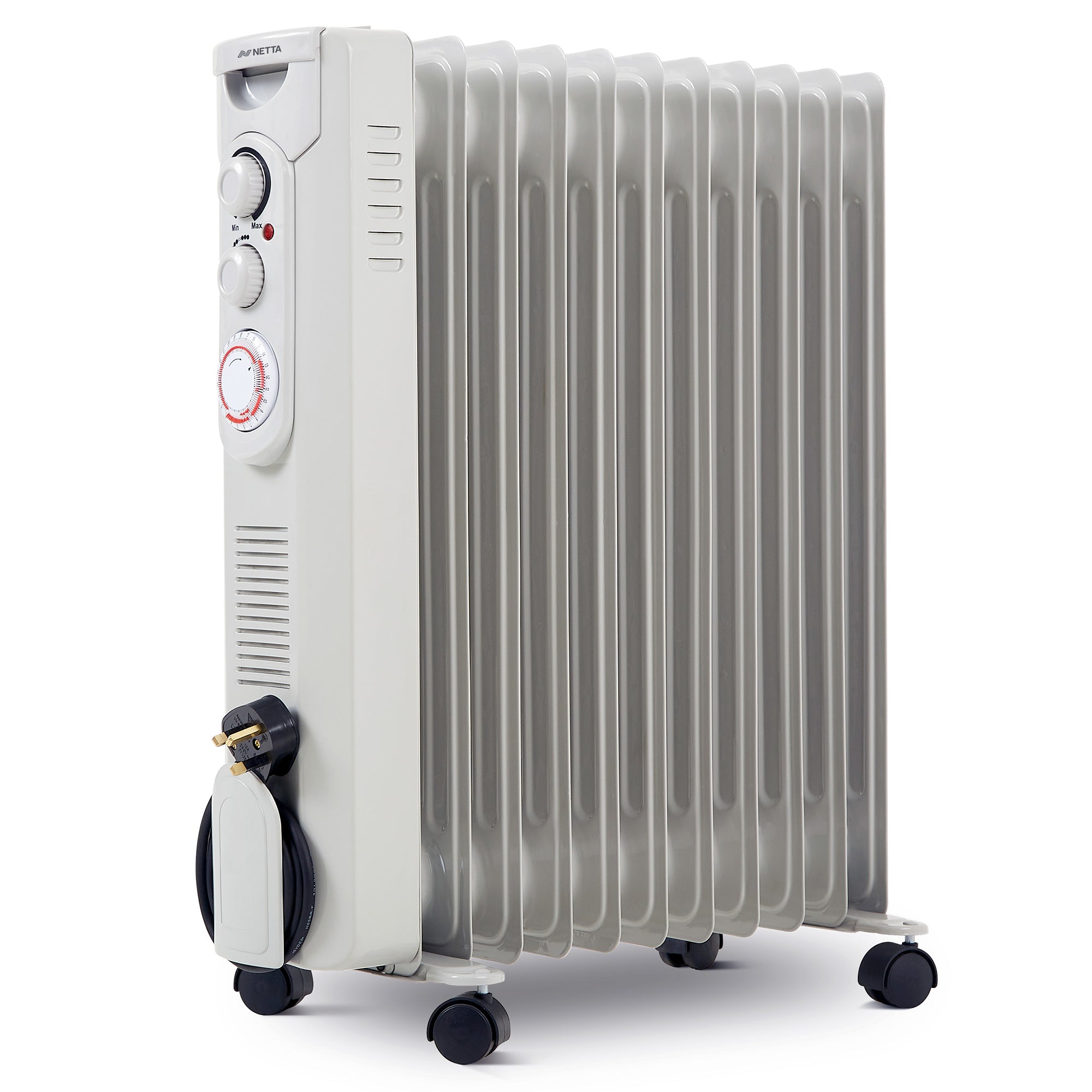NETTA Oil Filled Radiator 2500W Portable Electric Heater with Thermostat & 24 Hour Timer, 11 Fin, Grey