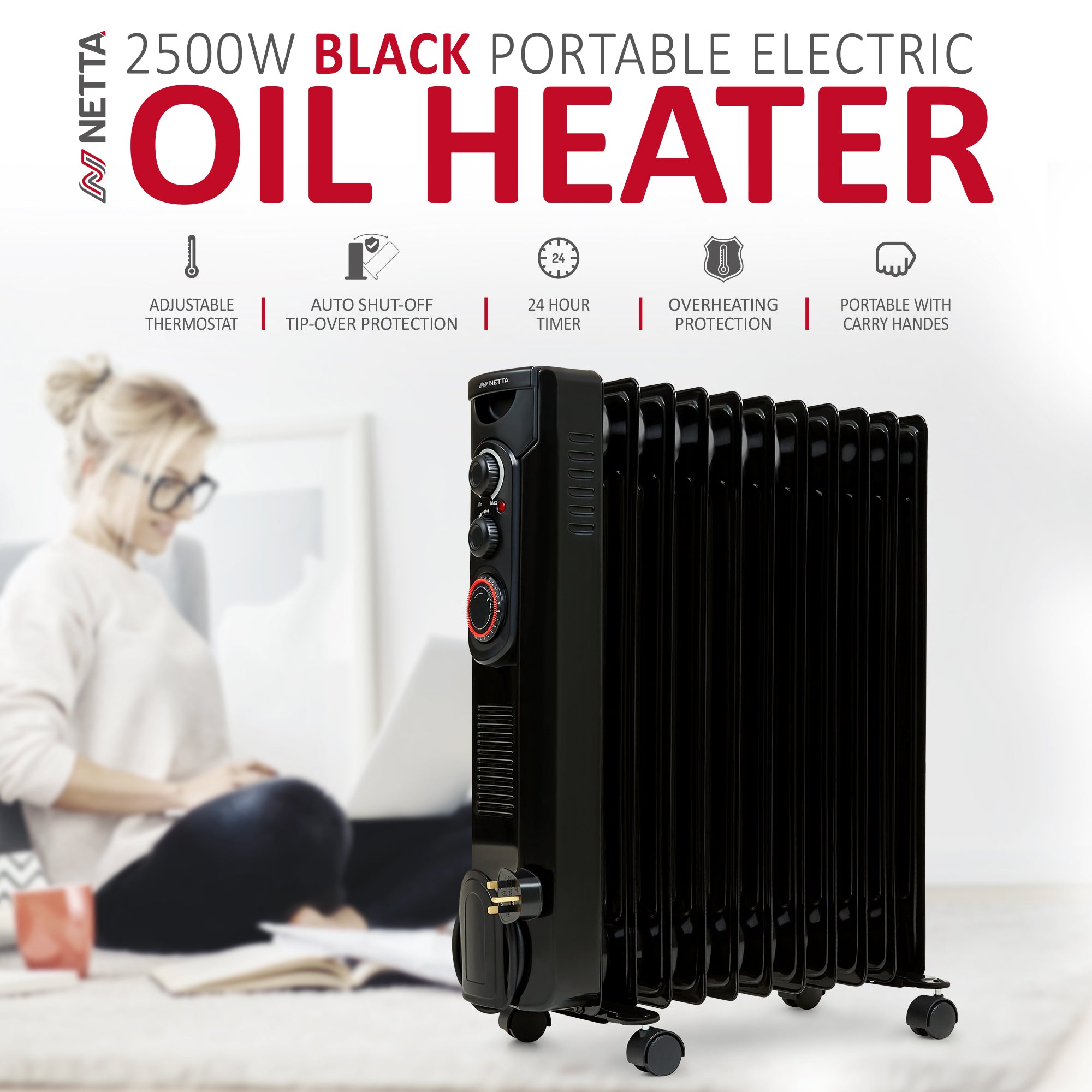 NETTA Oil Filled Radiator 2500W Portable Electric Heater with Thermostat & 24 Hour Timer, 11 Fin, Black