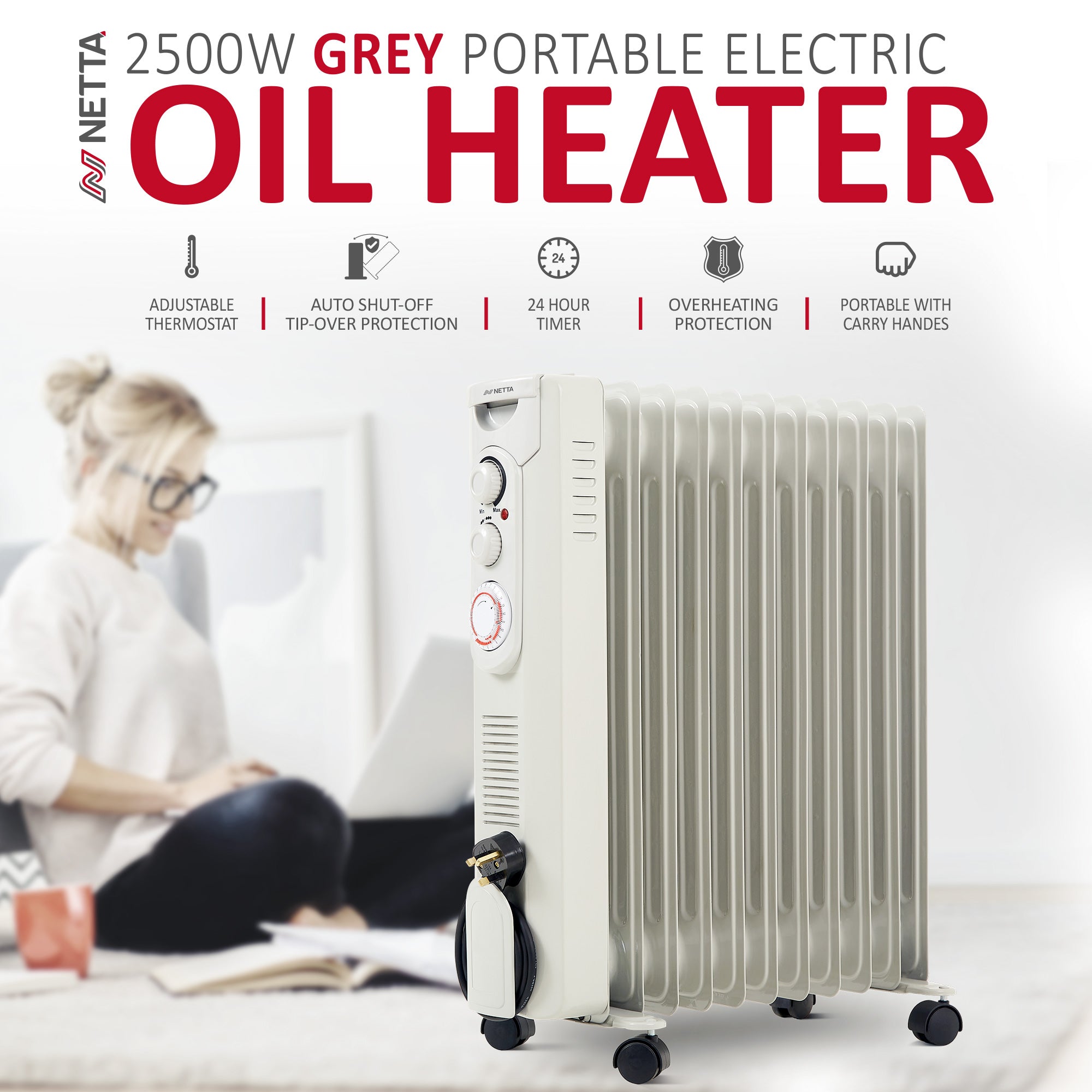 NETTA Oil Filled Radiator 2500W Portable Electric Heater with Thermostat & 24 Hour Timer, 11 Fin, Grey