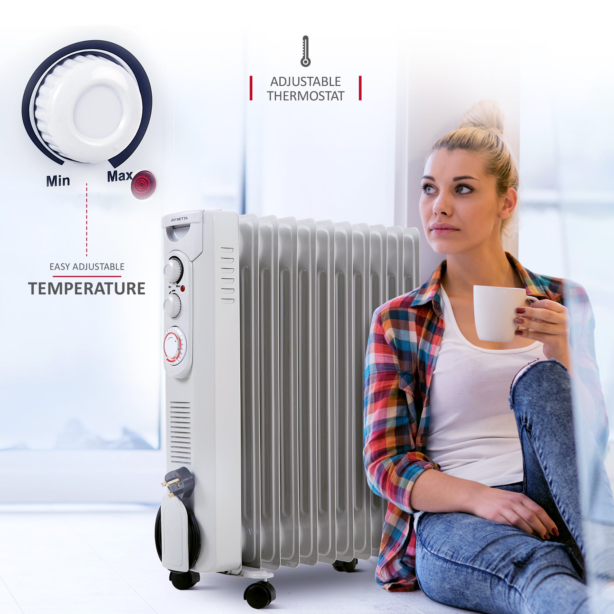 NETTA Oil Filled Radiator 2500W Portable Electric Heater with Thermostat & 24 Hour Timer, 11 Fin, Grey