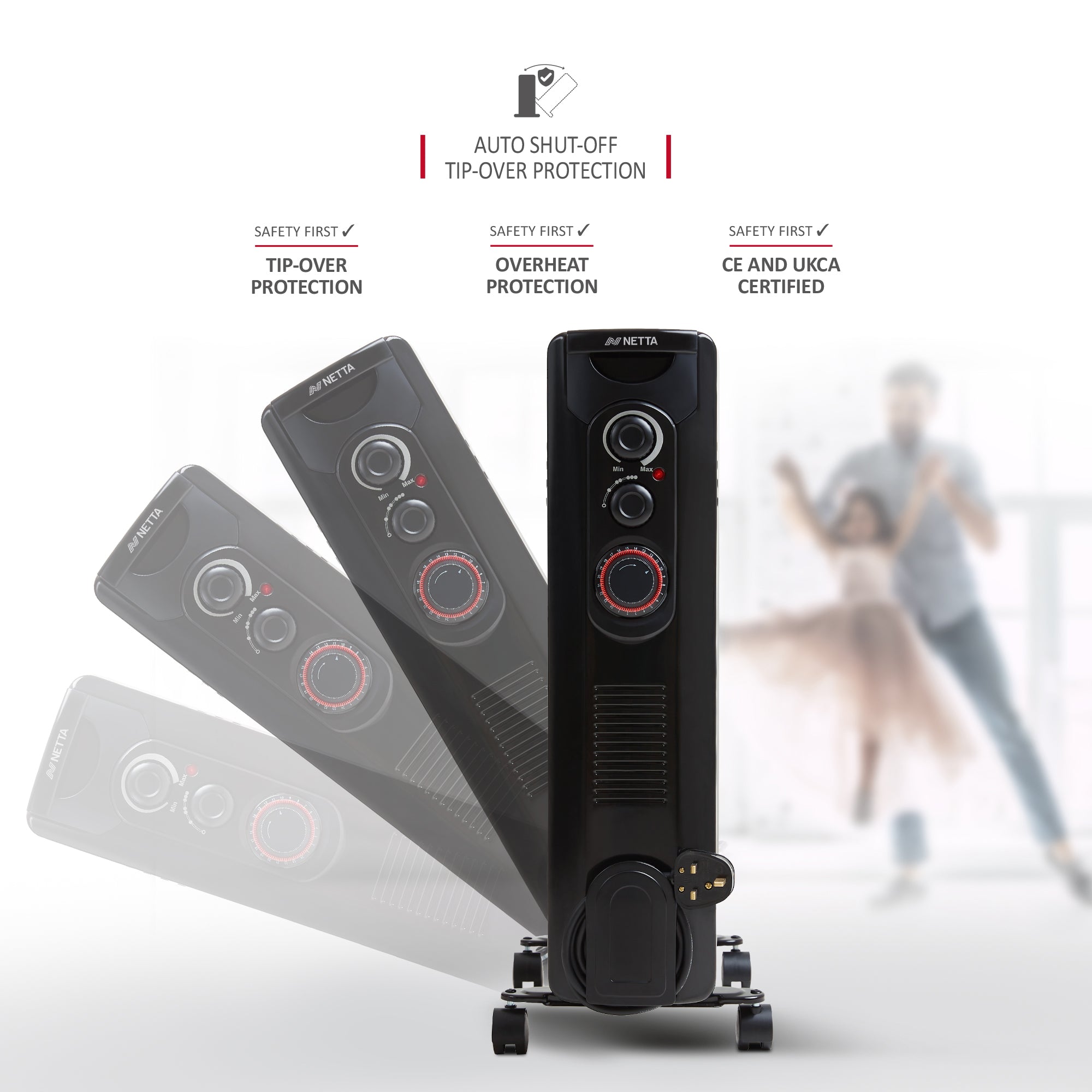 NETTA Oil Filled Radiator 2500W Portable Electric Heater with Thermostat & 24 Hour Timer, 11 Fin, Black