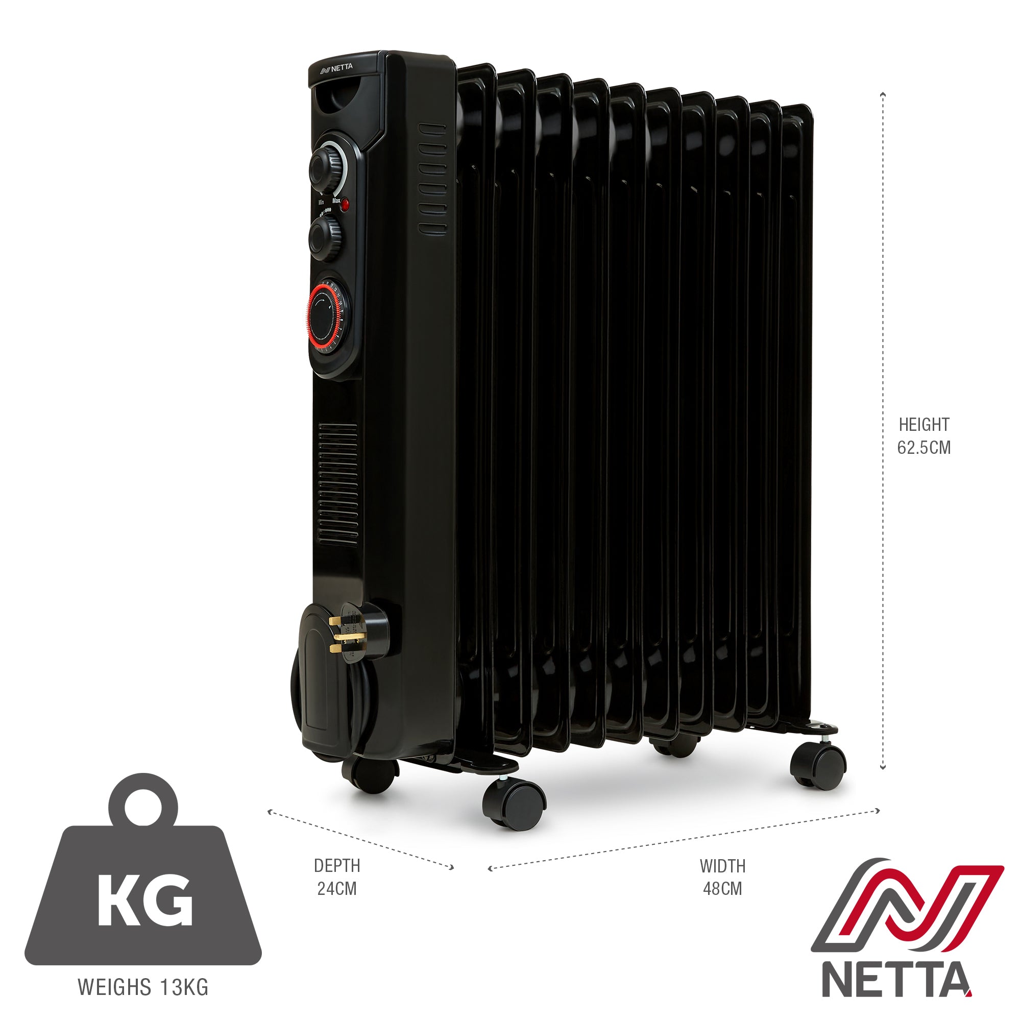NETTA Oil Filled Radiator 2500W Portable Electric Heater with Thermostat & 24 Hour Timer, 11 Fin, Black