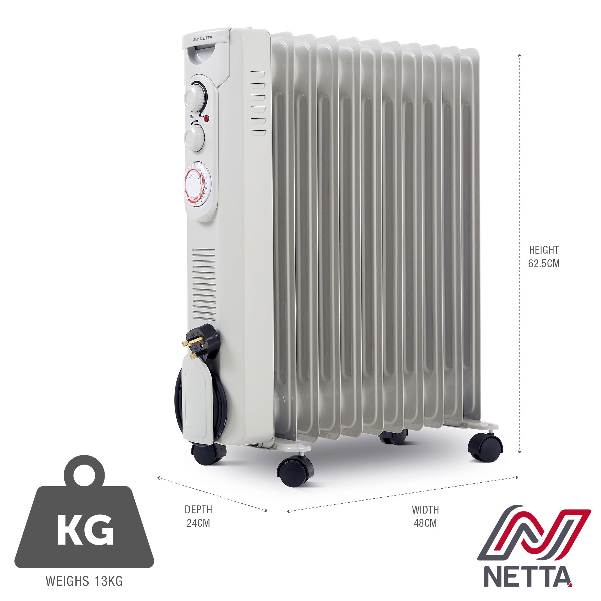 NETTA Oil Filled Radiator 2500W Portable Electric Heater with Thermostat & 24 Hour Timer, 11 Fin, Grey
