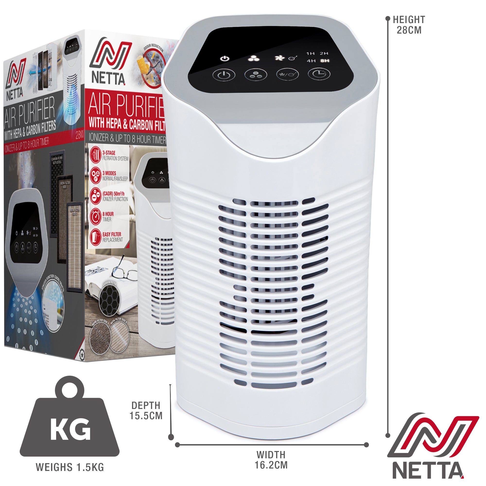 NETTA Air Purifier With True HEPA, Active Carbon Filters and Ionizer