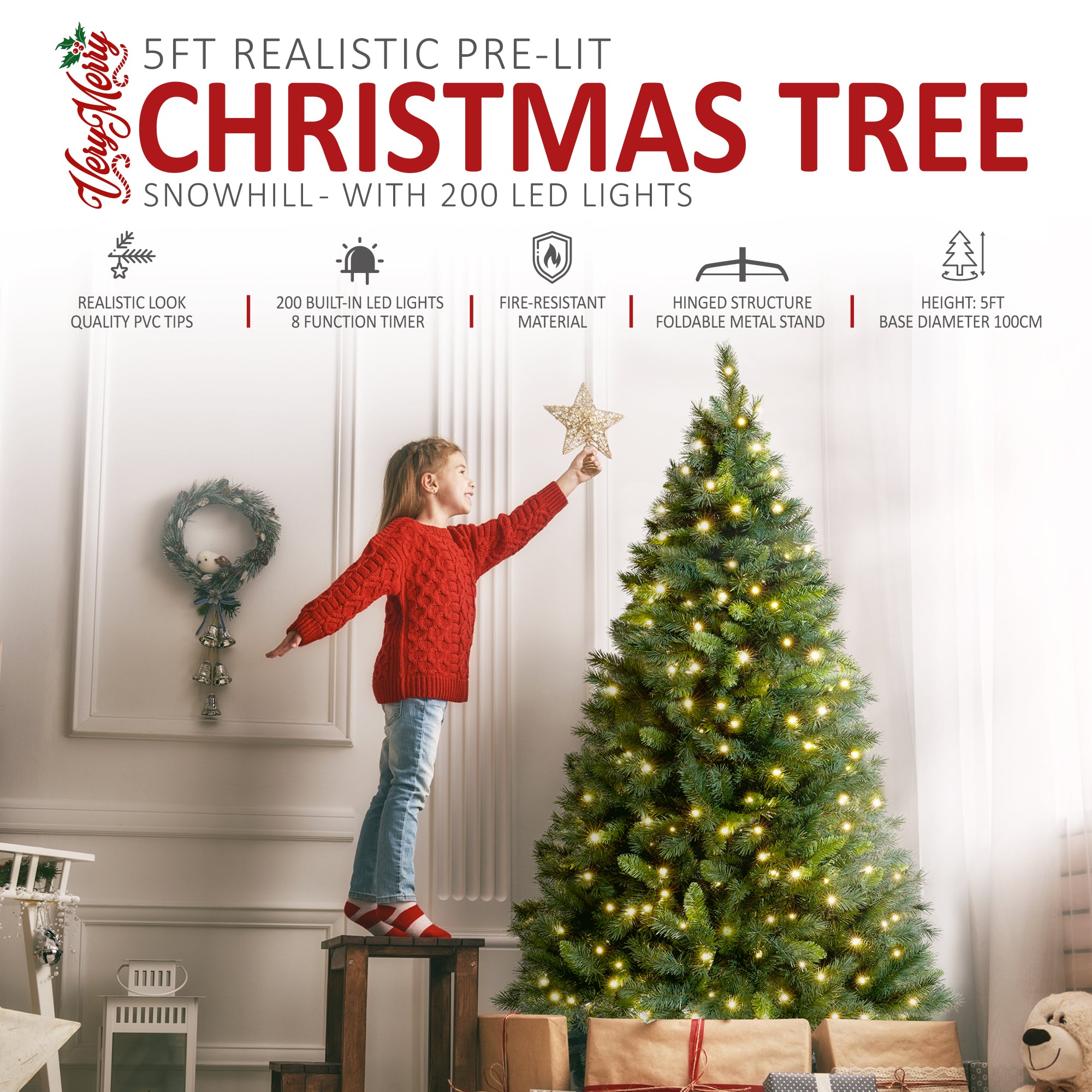 VeryMerry 'Snowhill' Pre Lit Christmas Tree with Built-In Warm White LED Lights with Auto-Off Timer, 8 Lighting Modes and Foldable Metal Stand