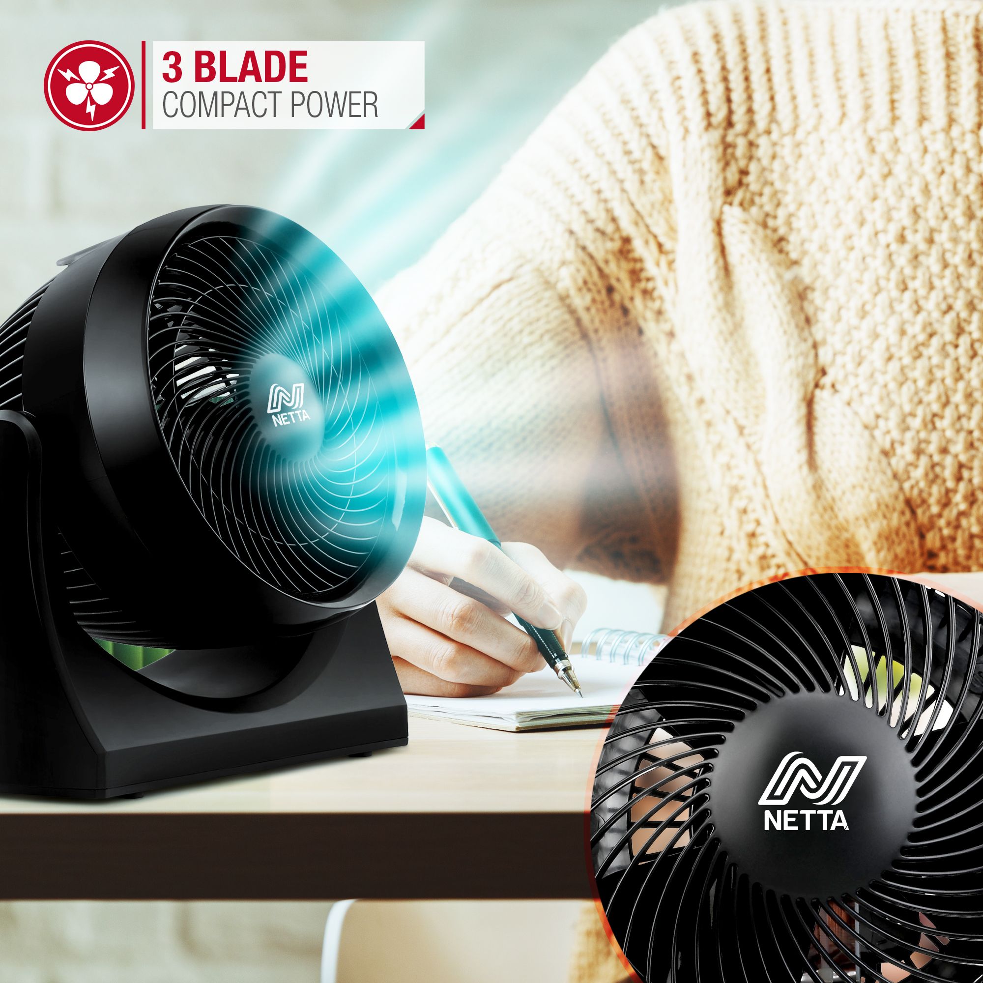 NETTA 10 Inch 3-Speed Turbo Desk Fan - Black