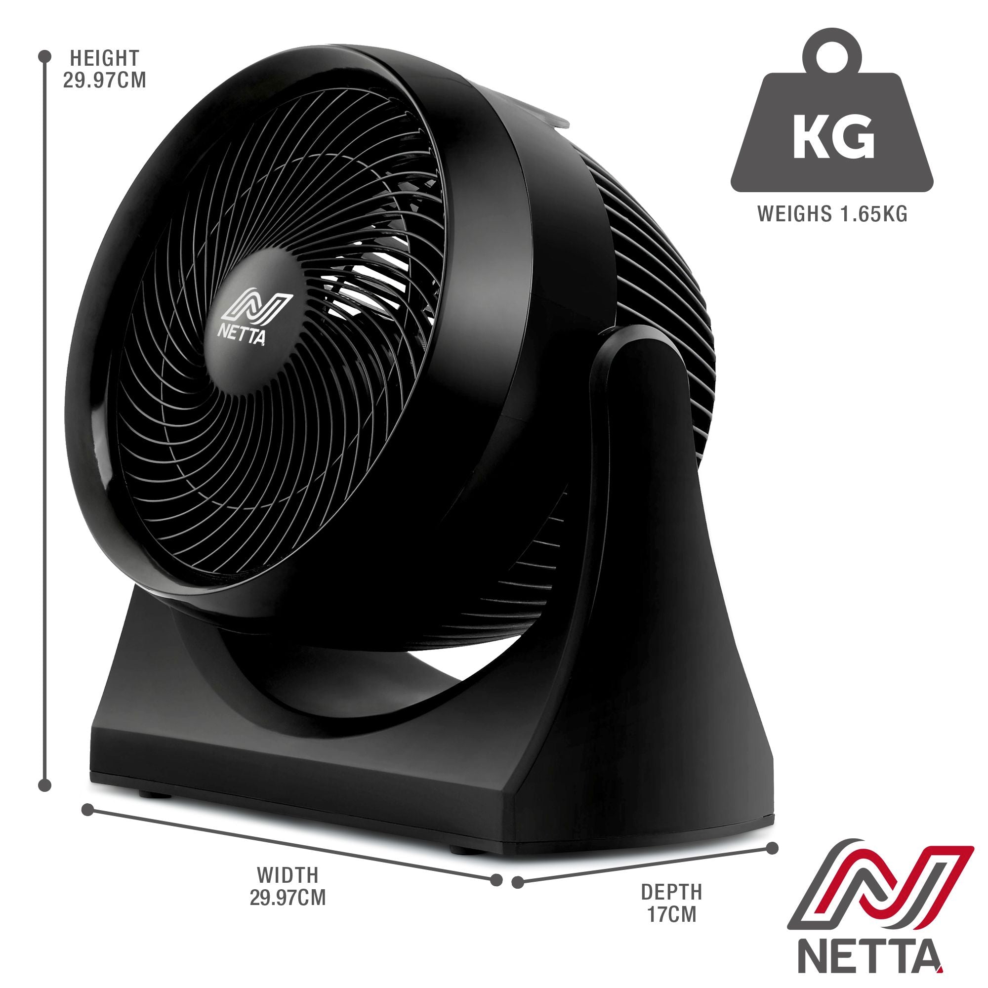 NETTA 10 Inch 3-Speed Turbo Desk Fan - Black