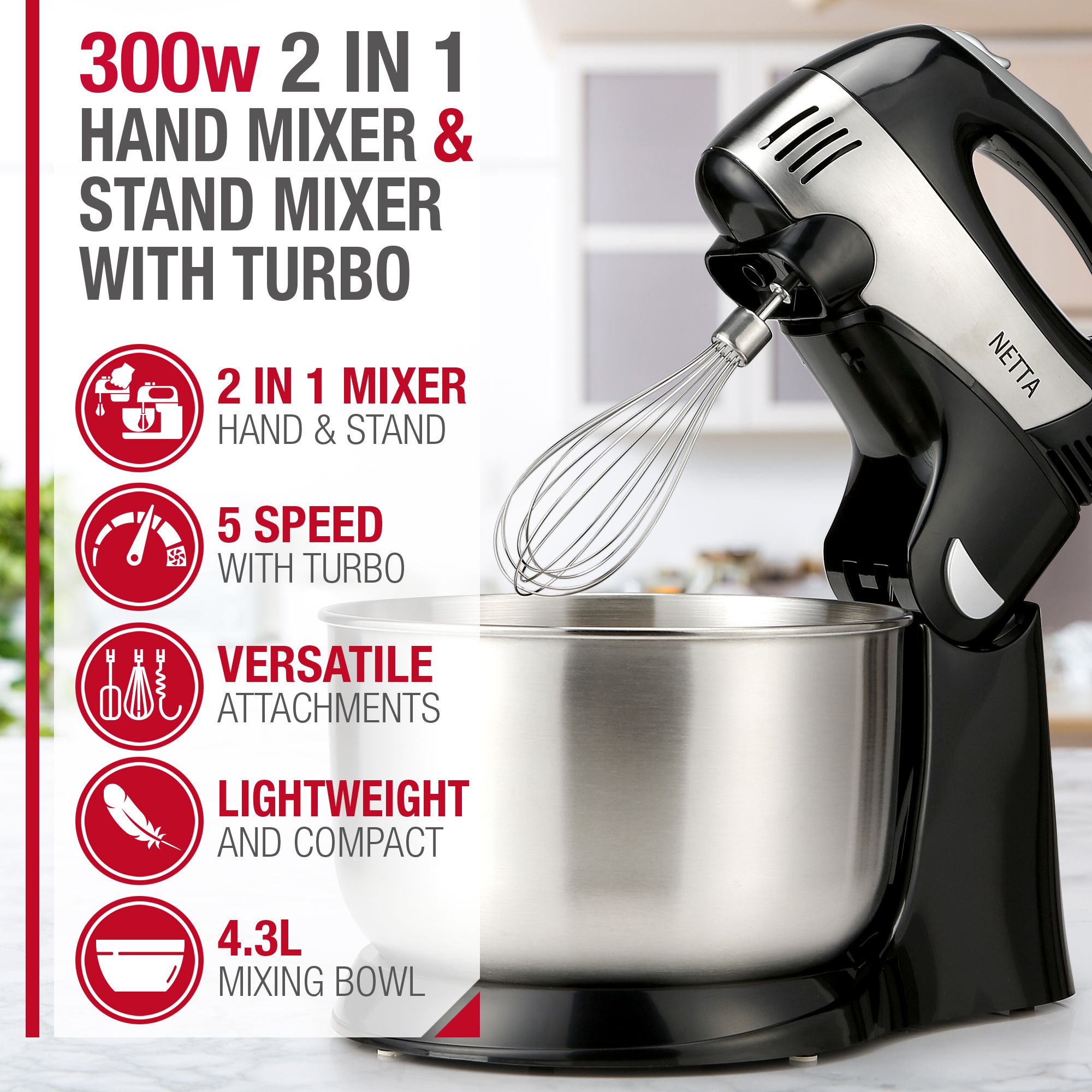 NETTA 300W 2 in 1 Stand Mixer - Black