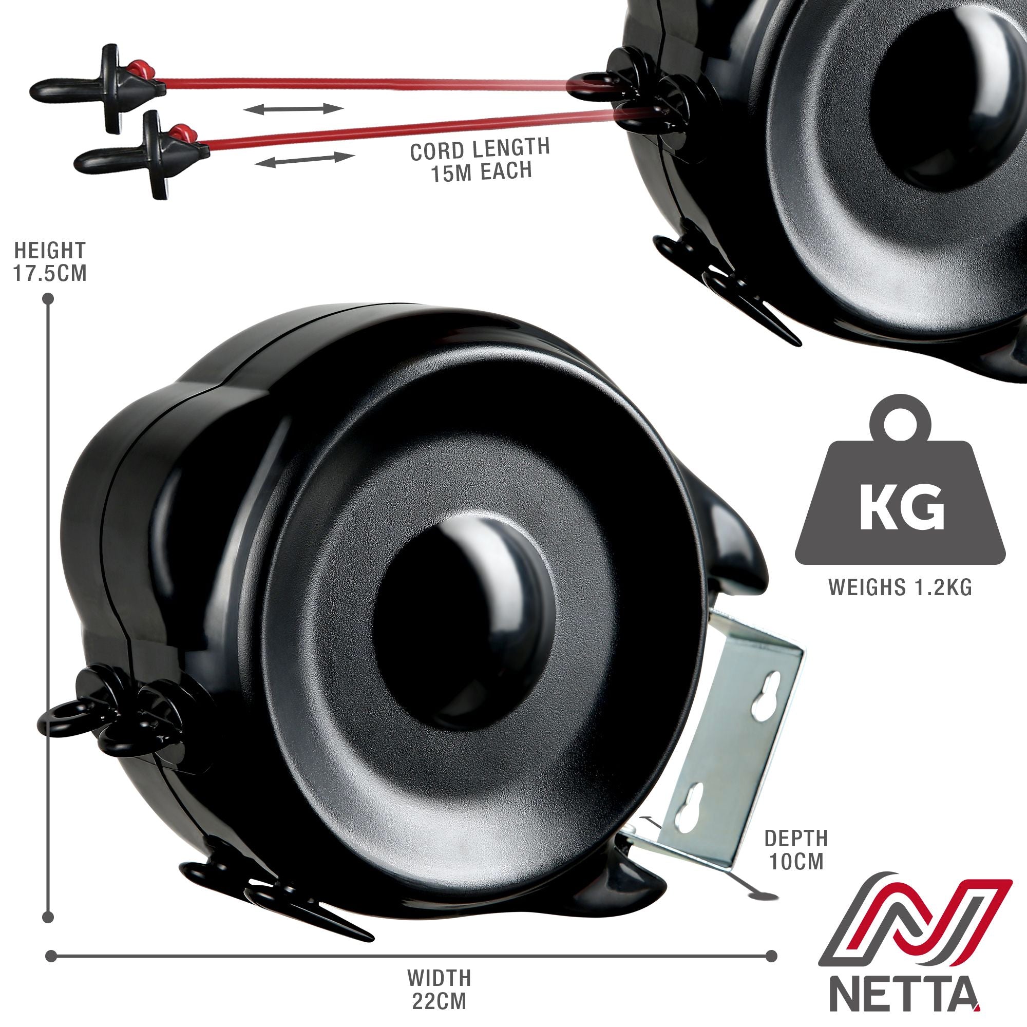 NETTA Retractable Reel Washing Line with 30M Drying Space (2x15M) - Black and Red