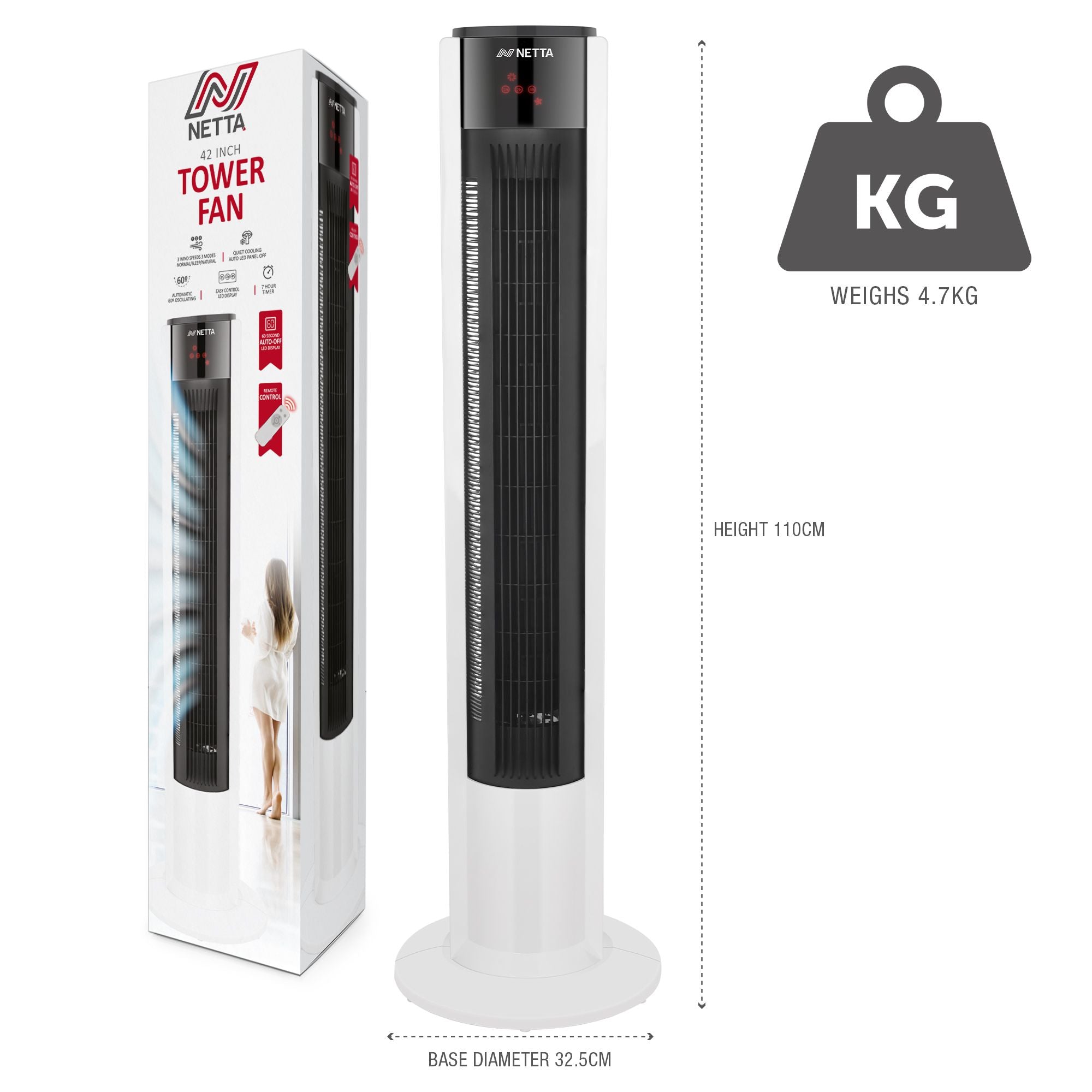 NETTA 42 Inch Tower Fan with Remote Control