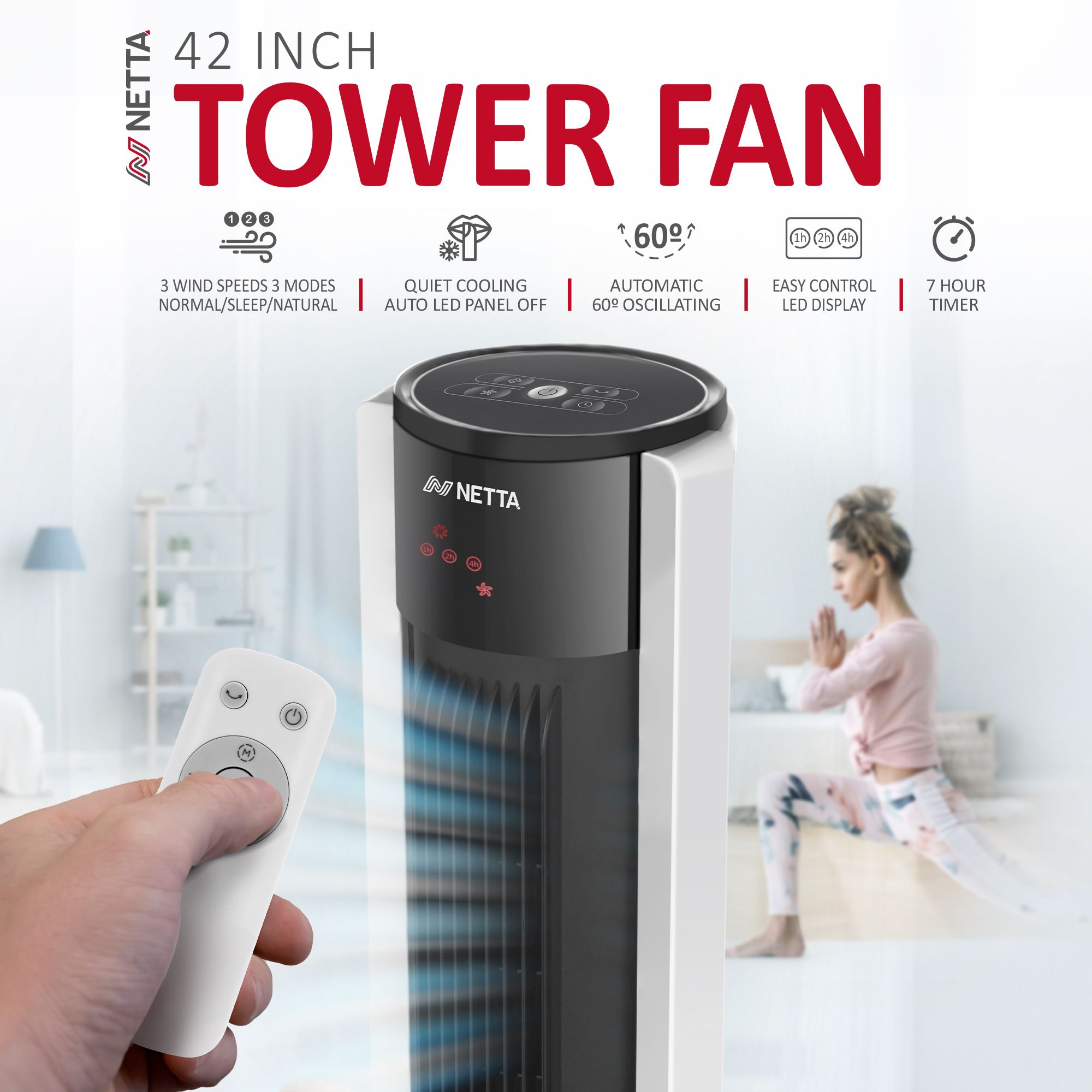 NETTA 42 Inch Tower Fan with Remote Control
