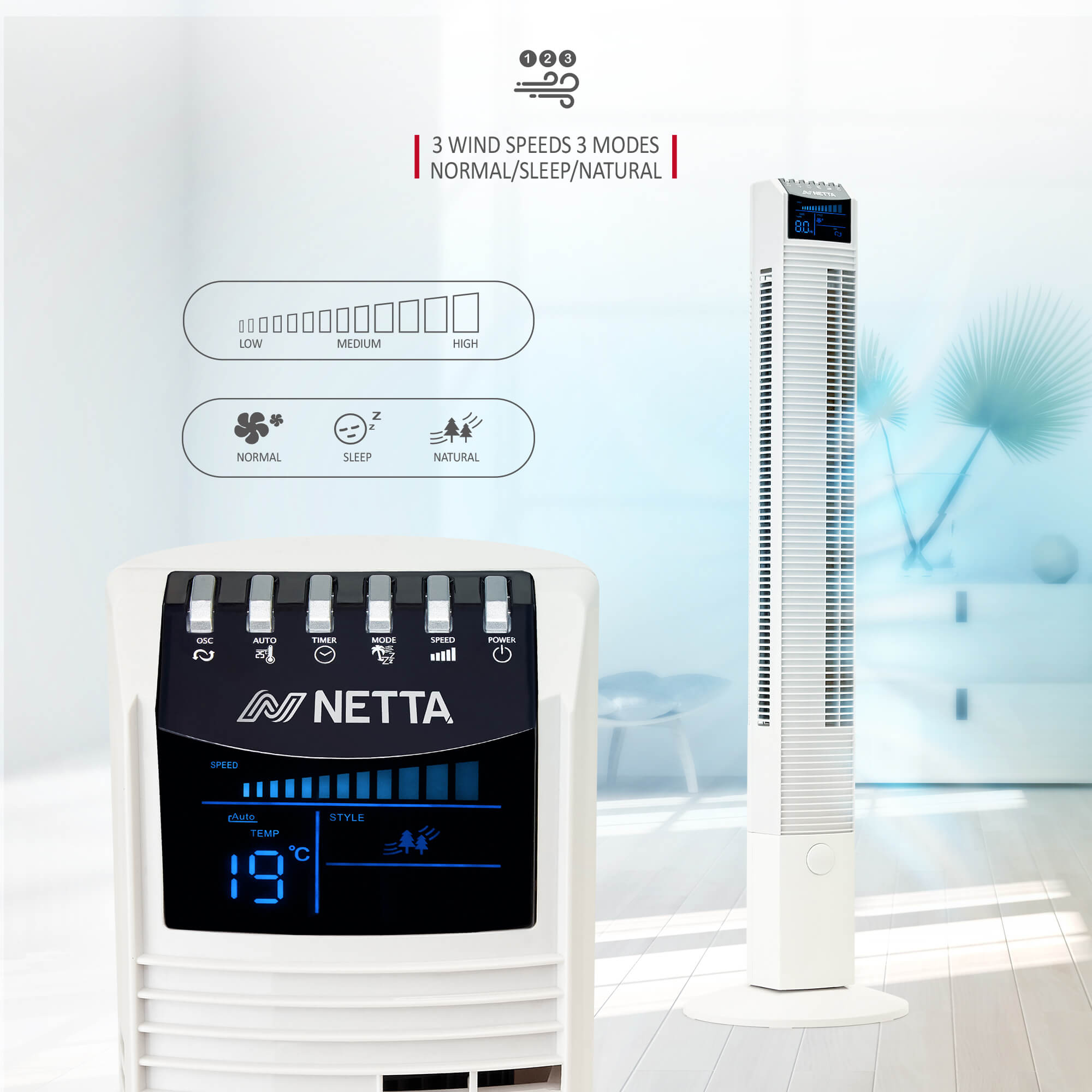 NETTA 44 Inch Tower Fan with 8-hour Timer - White