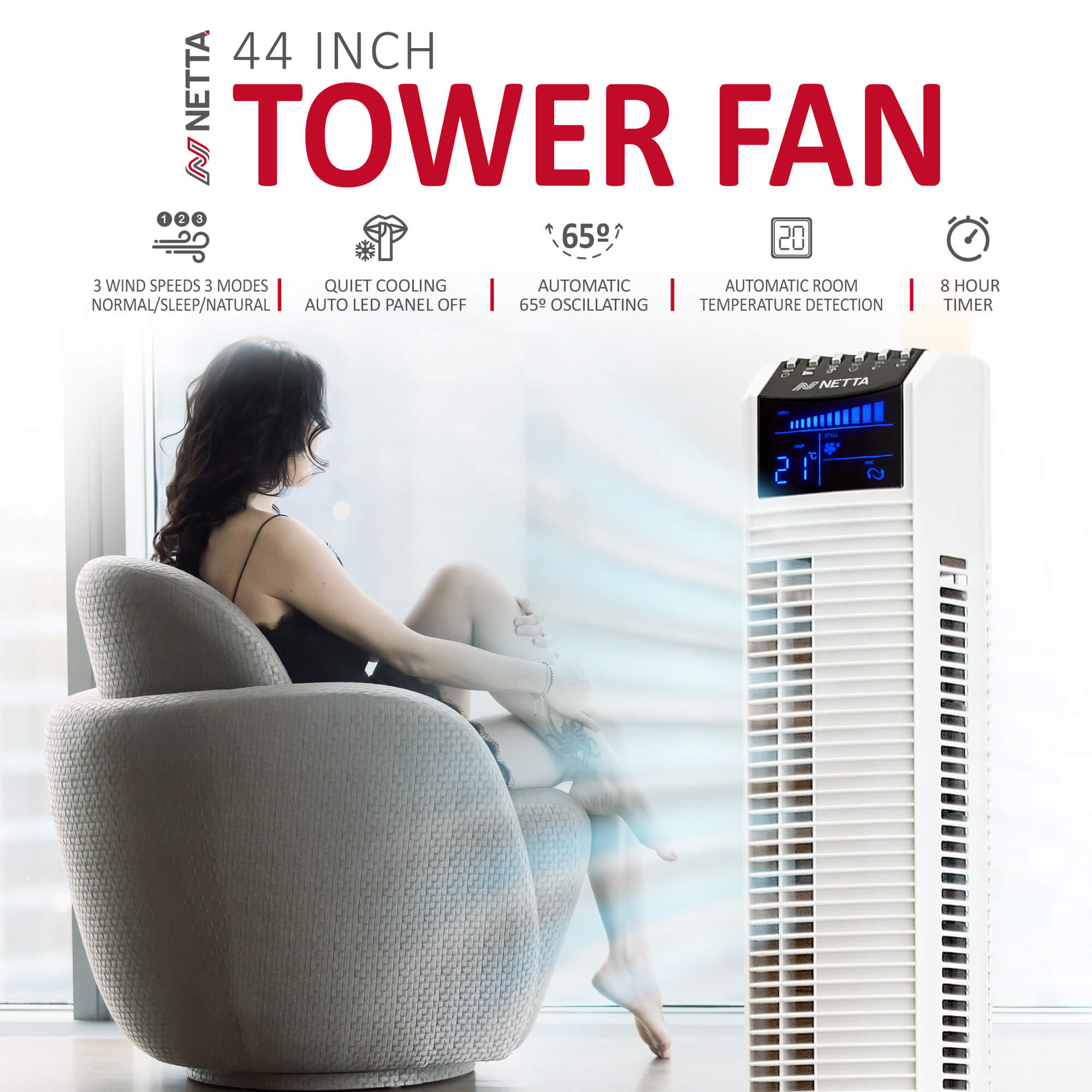 NETTA 44 Inch Tower Fan with 8-hour Timer - White