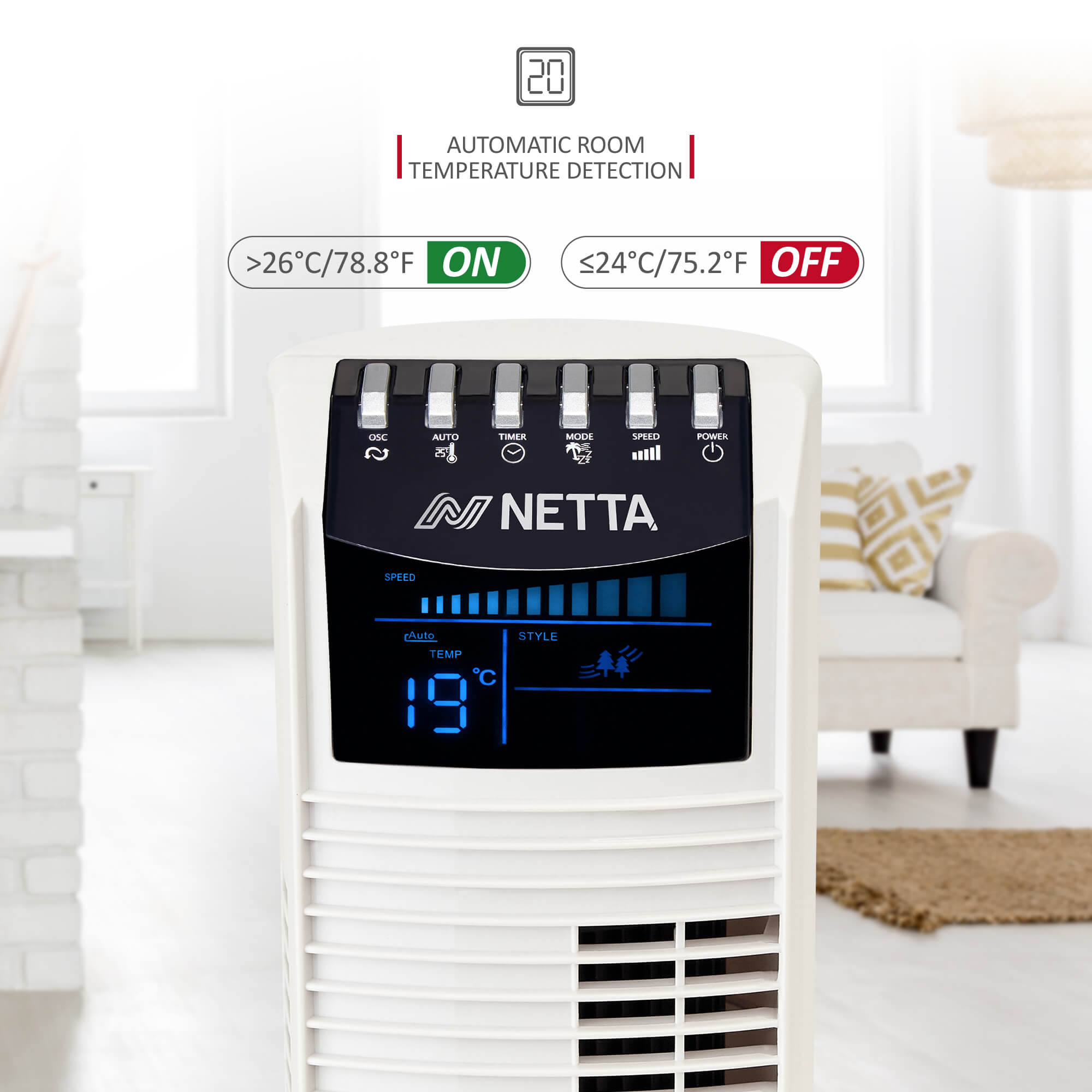 NETTA 44 Inch Tower Fan with 8-hour Timer - White