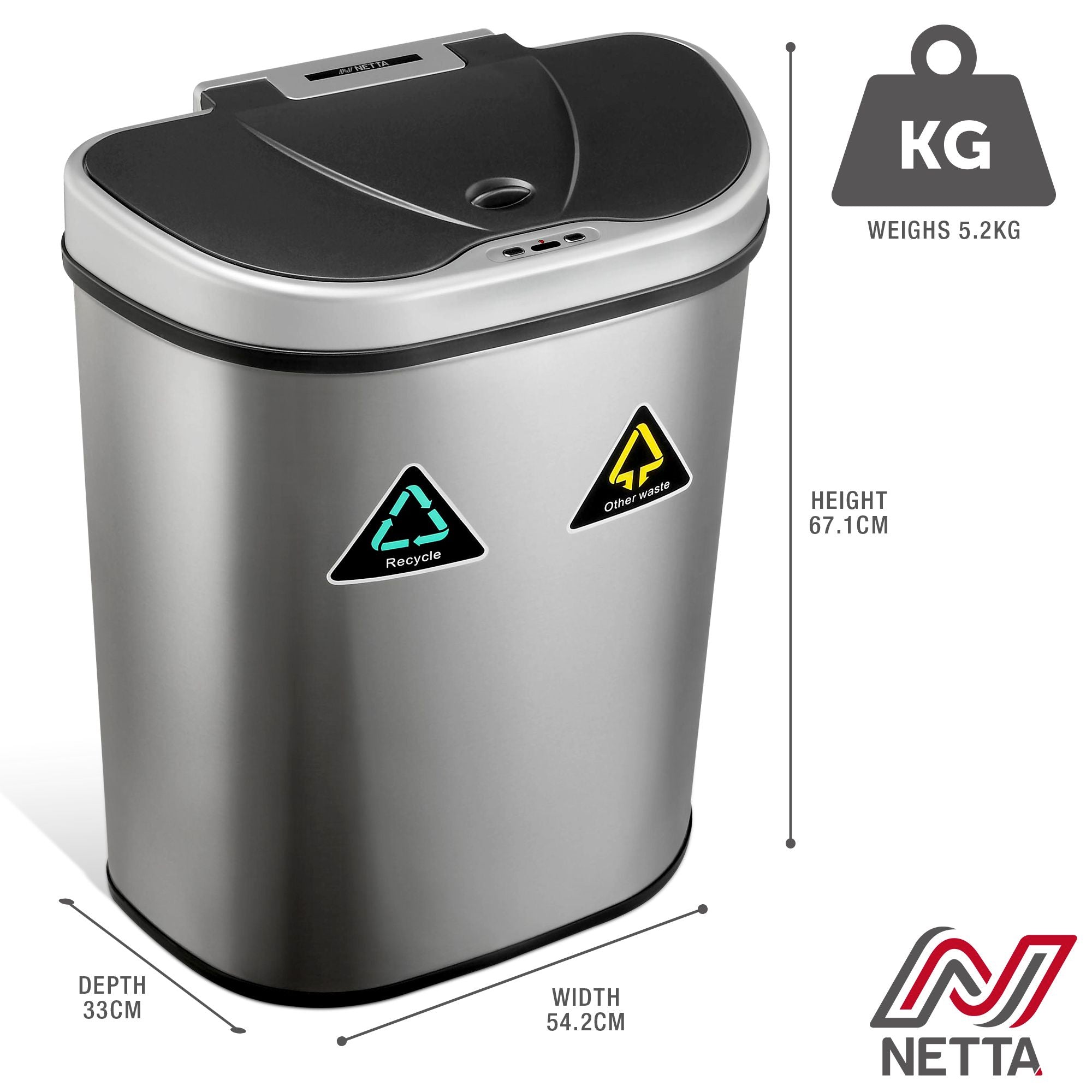 NETTA Sensor Bin with Dual Compartment - Stainless Steel - 70L