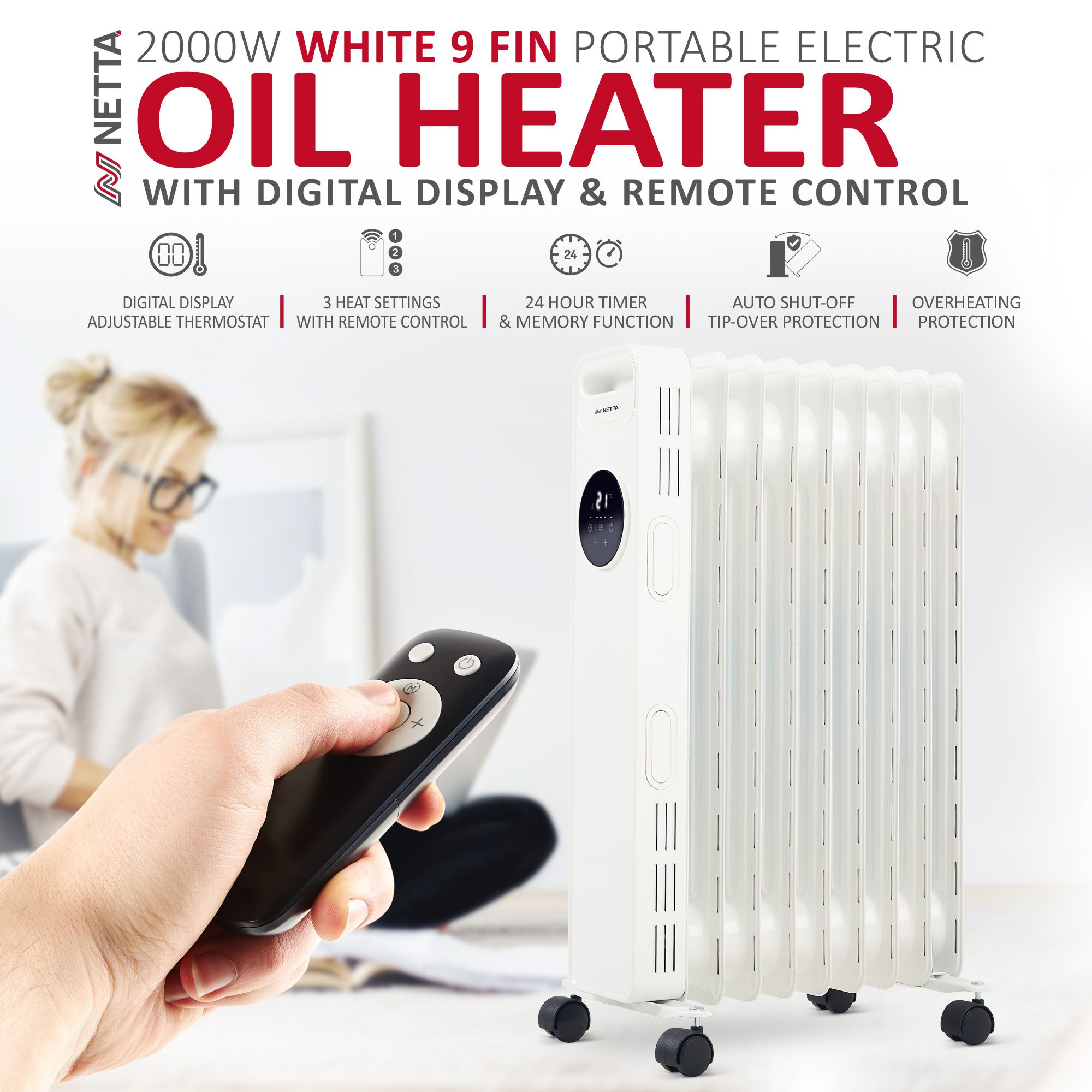 NETTA 2000W 9 Fin Oil Filled Radiator with Timer & Remote Control - White
