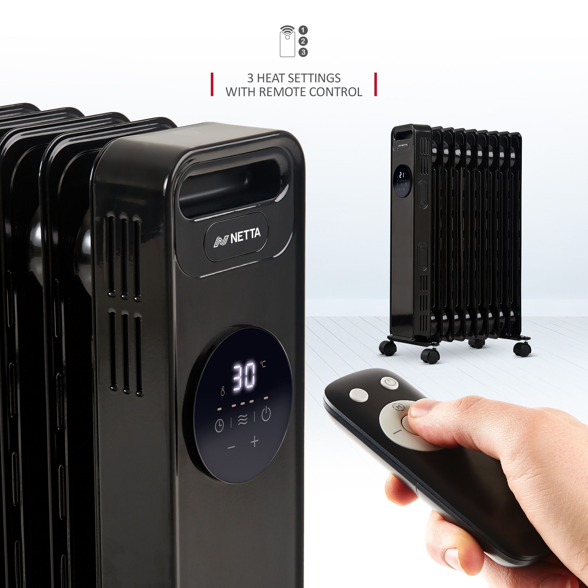 NETTA 2000W 9 Fin Oil Filled Radiator with Timer & Remote Control - Black