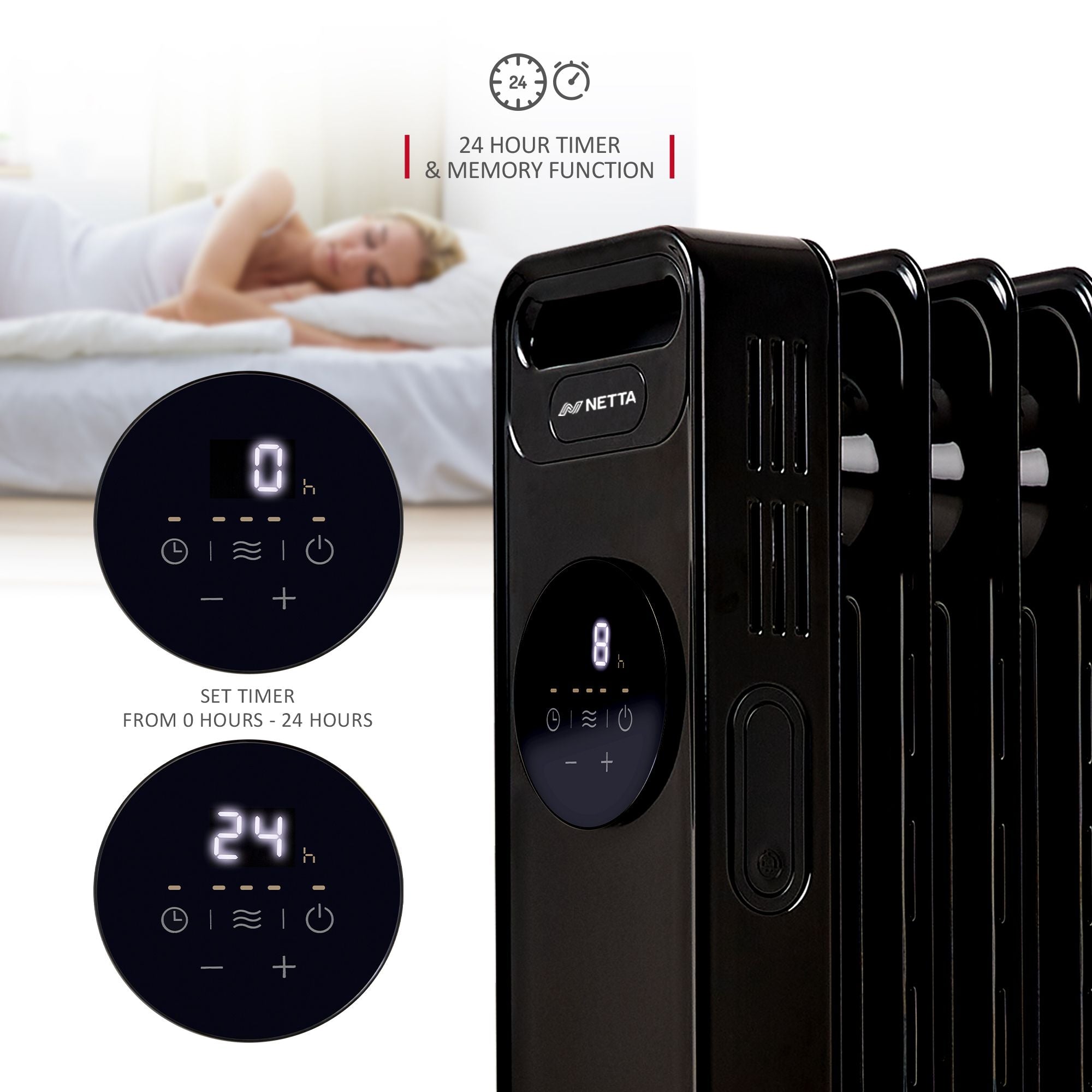 NETTA 2000W 9 Fin Oil Filled Radiator with Timer & Remote Control - Black