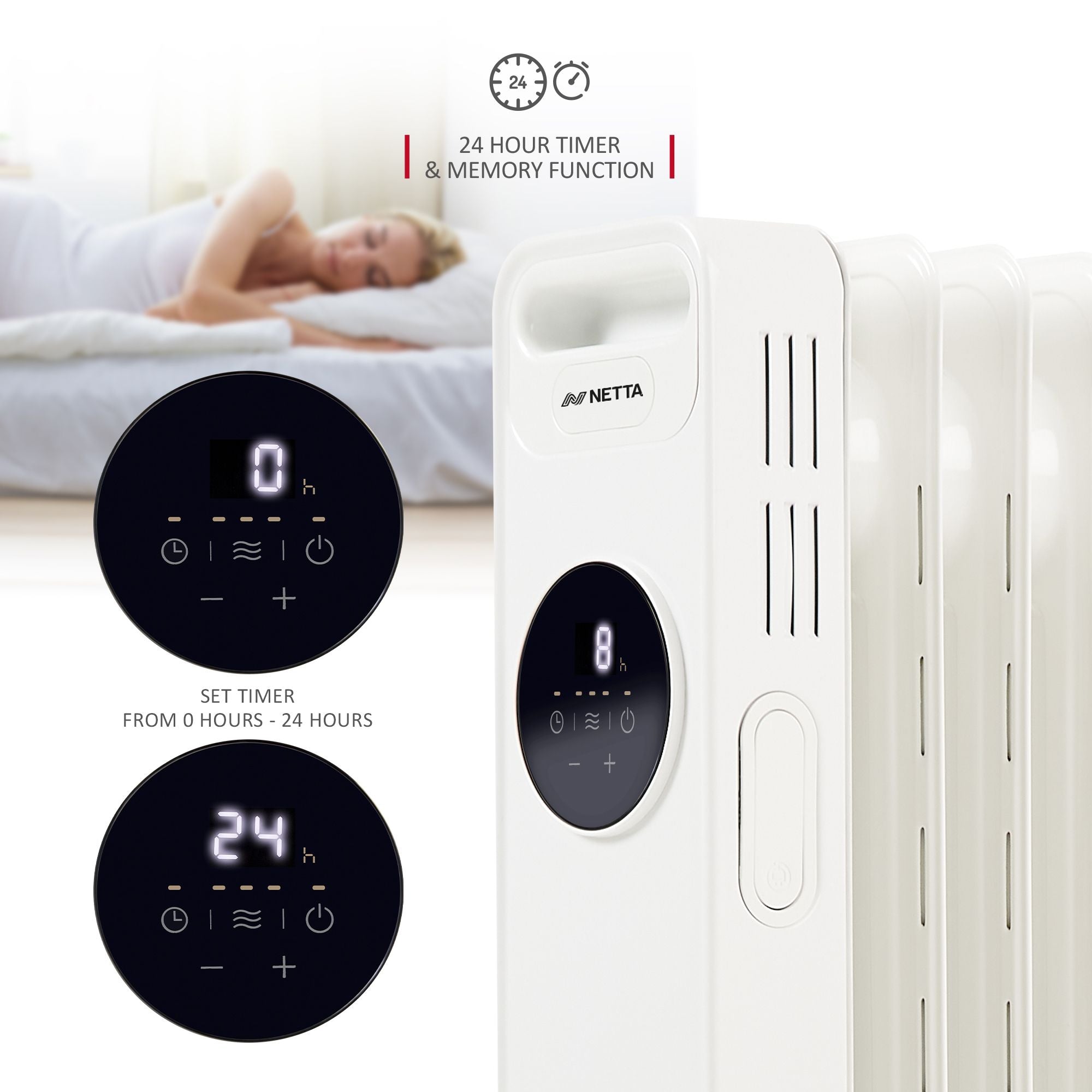 NETTA 2000W 9 Fin Oil Filled Radiator with Timer & Remote Control - White