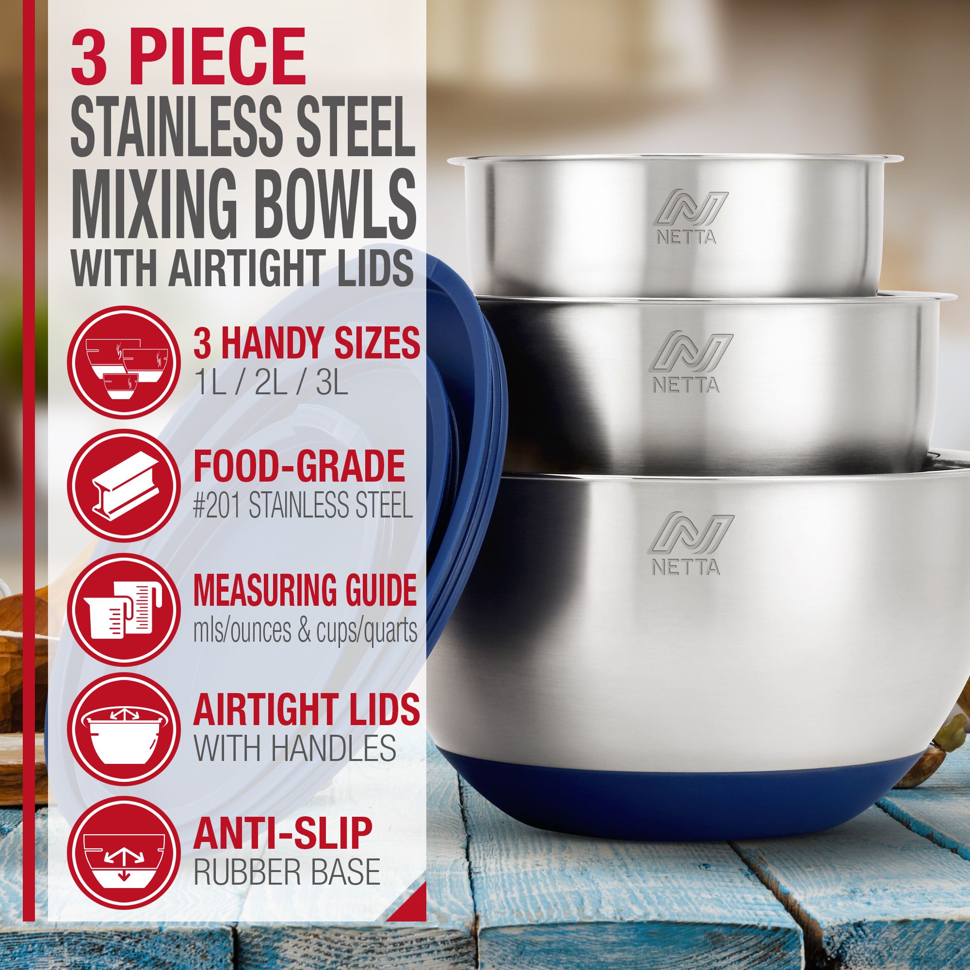 Stainless Steel Mixing Bowls with Lids - Set of 3