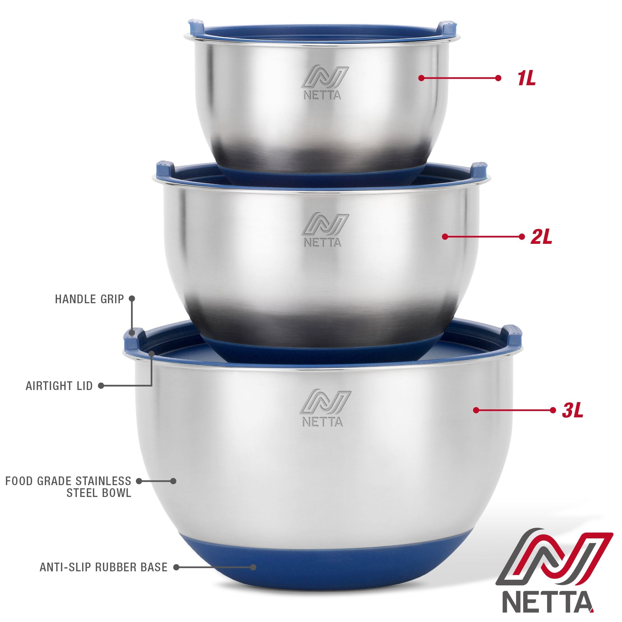 Stainless Steel Mixing Bowls with Lids - Set of 3