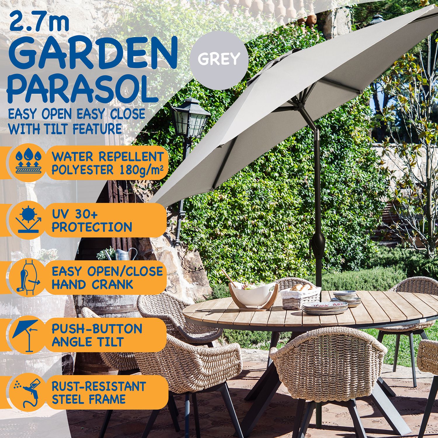 SUNMER 2.7M Parasol with Crank Mechanism Sun Shading Water Repellent Polyeste Easy to Open and Close Crank Mechanism