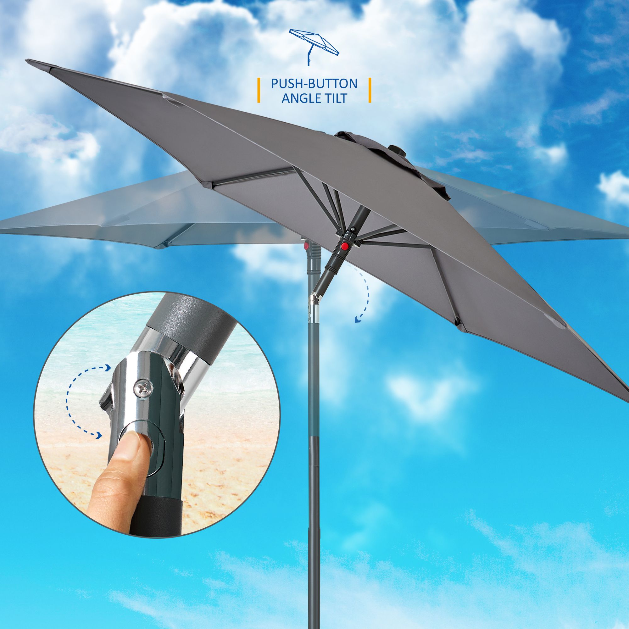 SUNMER 2M Push-up Garden Parasol Sun Shading Umbrella, Easy Open/Close Push Up with Tilt, Water Repellent Polyester, Powder-Coated Steel Frame