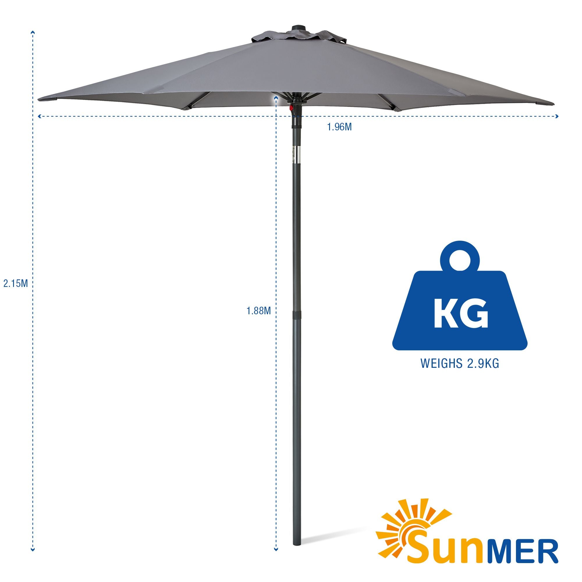 SUNMER 2M Push-up Garden Parasol Sun Shading Umbrella, Easy Open/Close Push Up with Tilt, Water Repellent Polyester, Powder-Coated Steel Frame