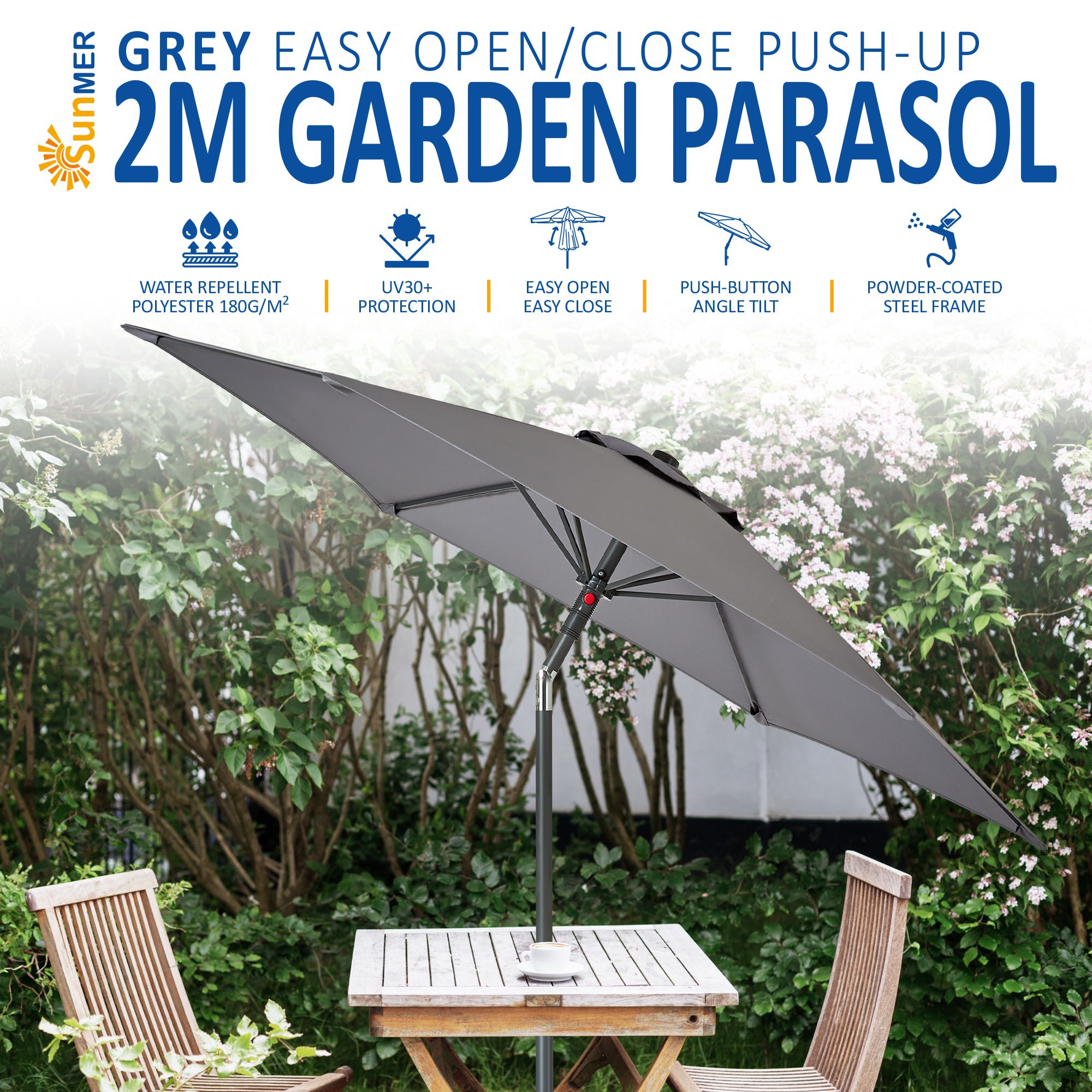SUNMER 2M Push-up Garden Parasol Sun Shading Umbrella, Easy Open/Close Push Up with Tilt, Water Repellent Polyester, Powder-Coated Steel Frame
