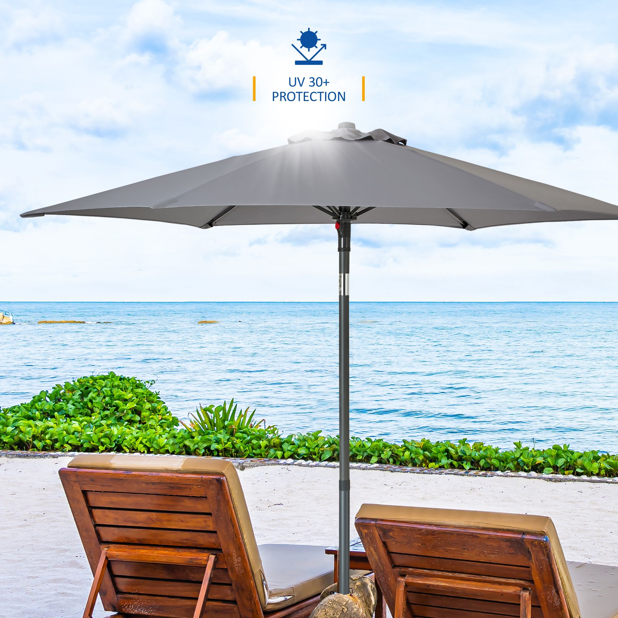 SUNMER 2M Push-up Garden Parasol Sun Shading Umbrella, Easy Open/Close Push Up with Tilt, Water Repellent Polyester, Powder-Coated Steel Frame