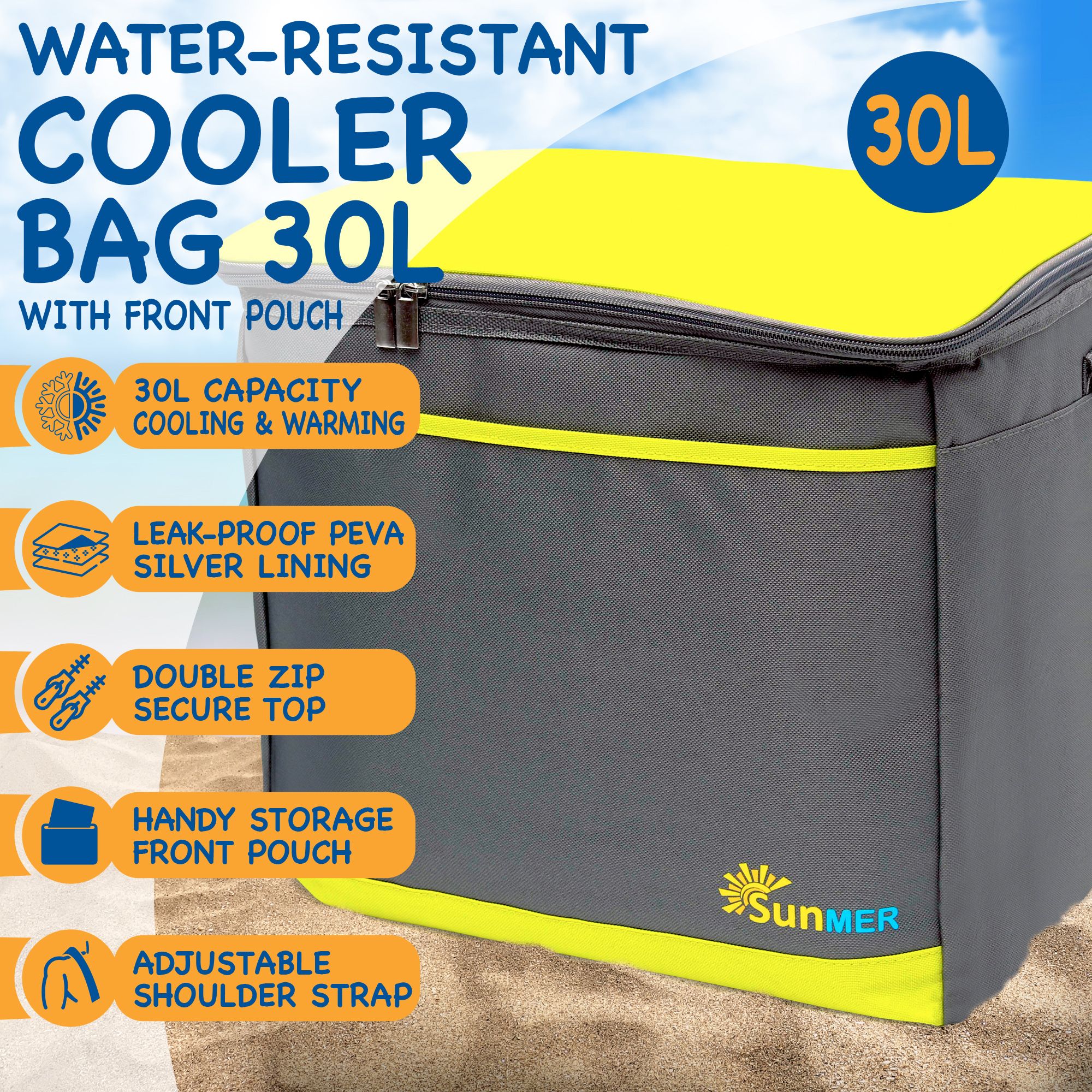 SUNMER 30L Cooler Bag With Shoulder Strap - Grey & Lime