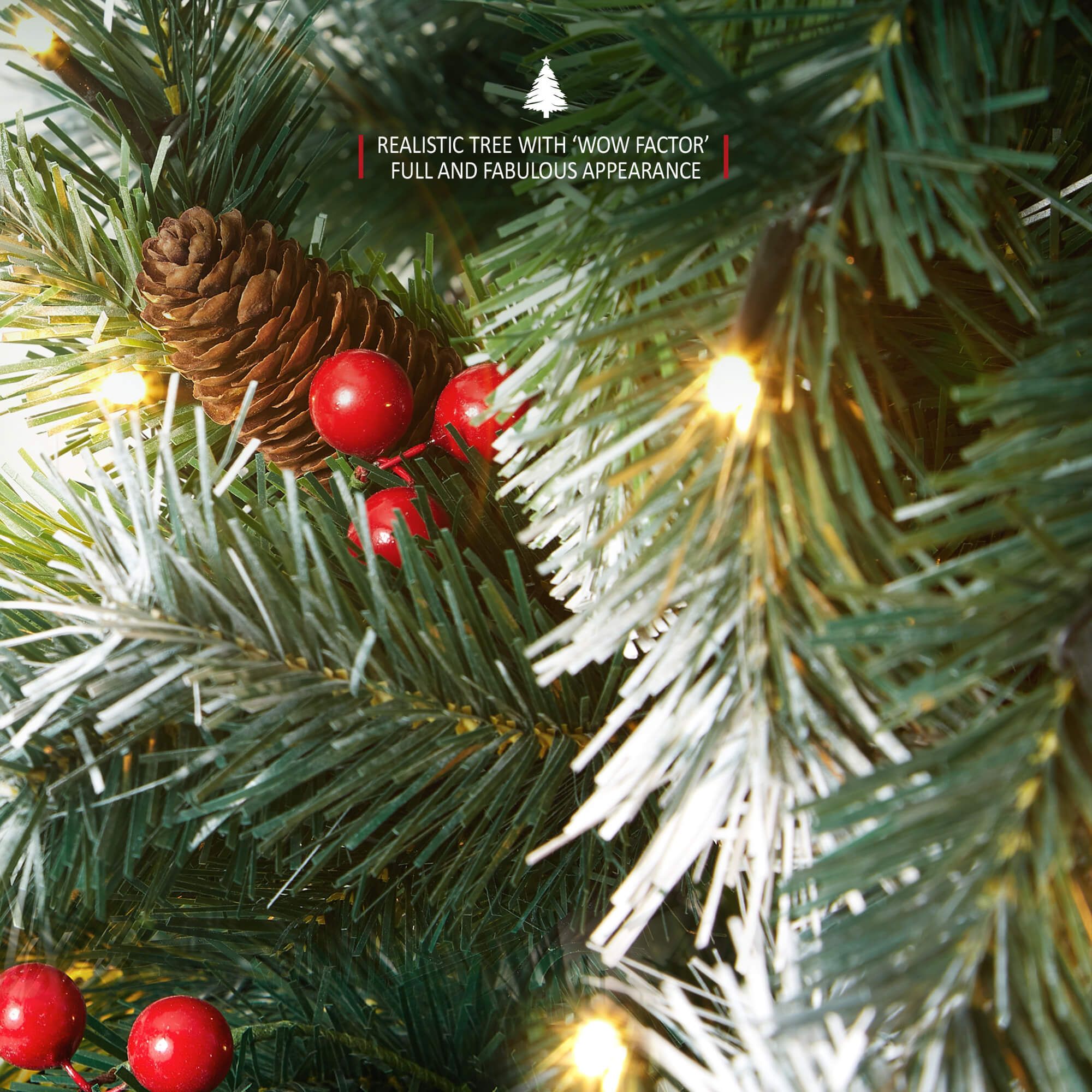 VeryMerry 'Claudia' Pre-Lit Christmas Tree with Built-In Warm White LED Lights with Auto-Off Timer, 8 Lighting Modes, Decorative Pinecones and Berries