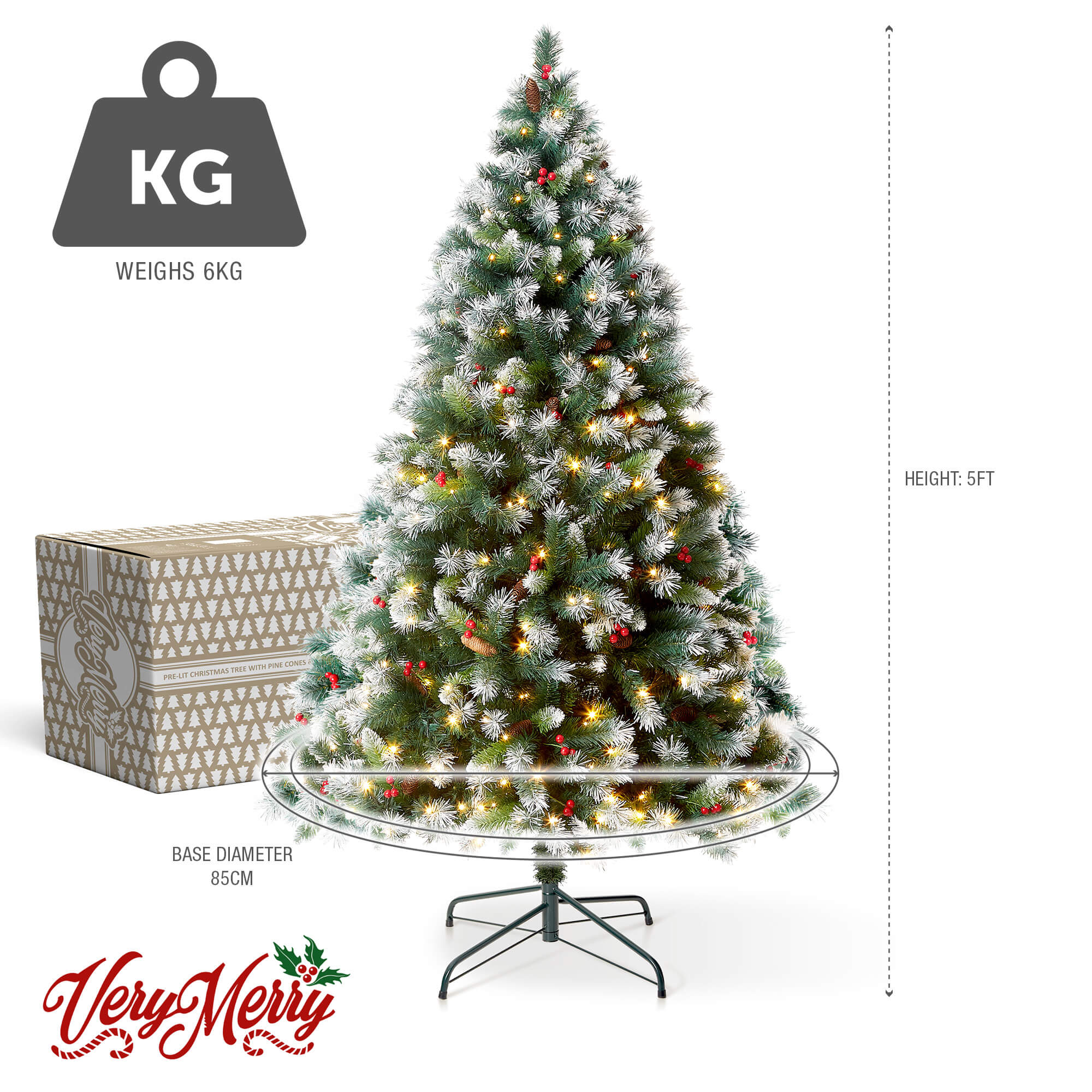VeryMerry 'Claudia' Pre-Lit Christmas Tree with Built-In Warm White LED Lights with Auto-Off Timer, 8 Lighting Modes, Decorative Pinecones and Berries