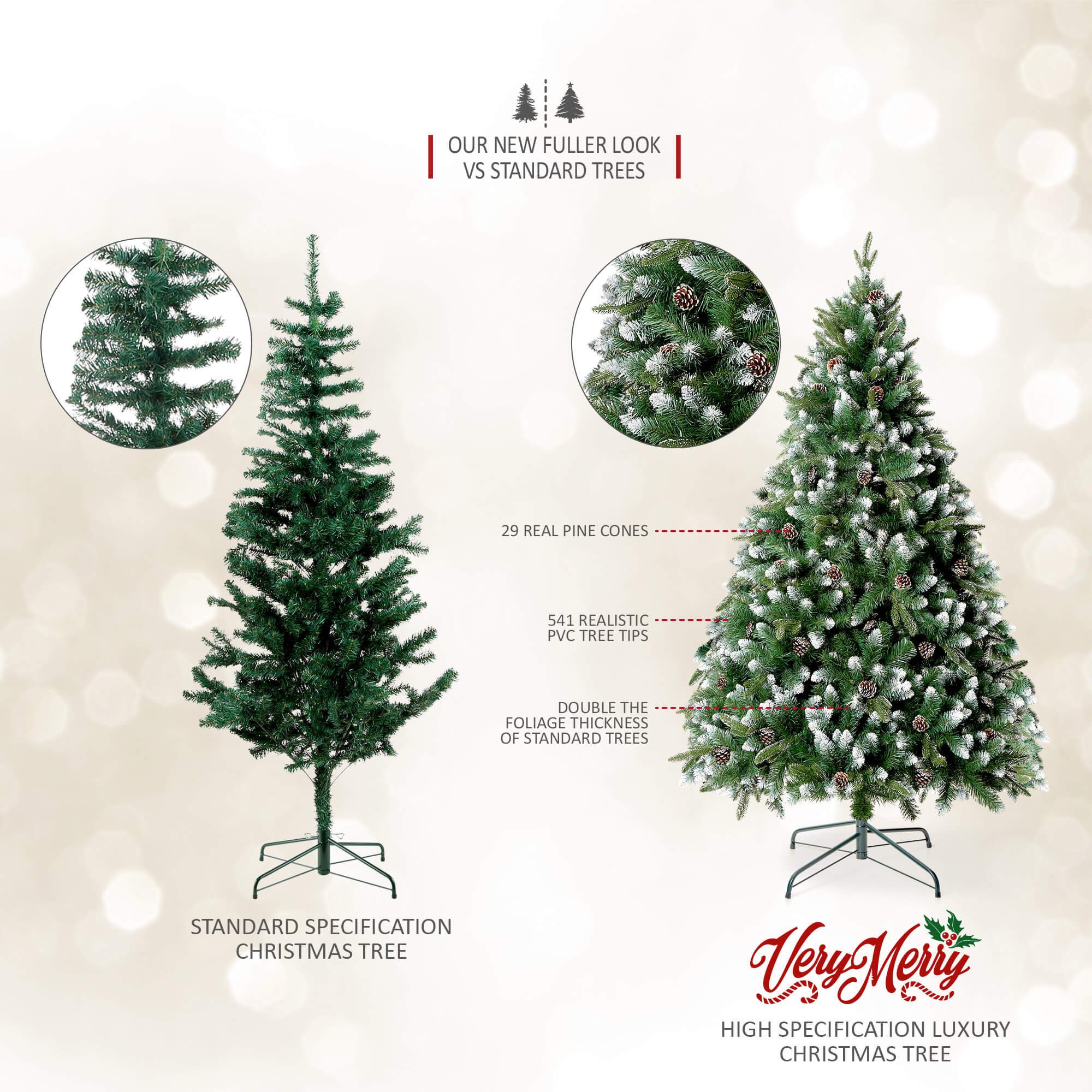 VeryMerry Glacier Snowy Christmas Tree with Real Frosted Pinecones, Foldable Metal Stand, Snow Flocked Artificial Tree PVC and PE Tips
