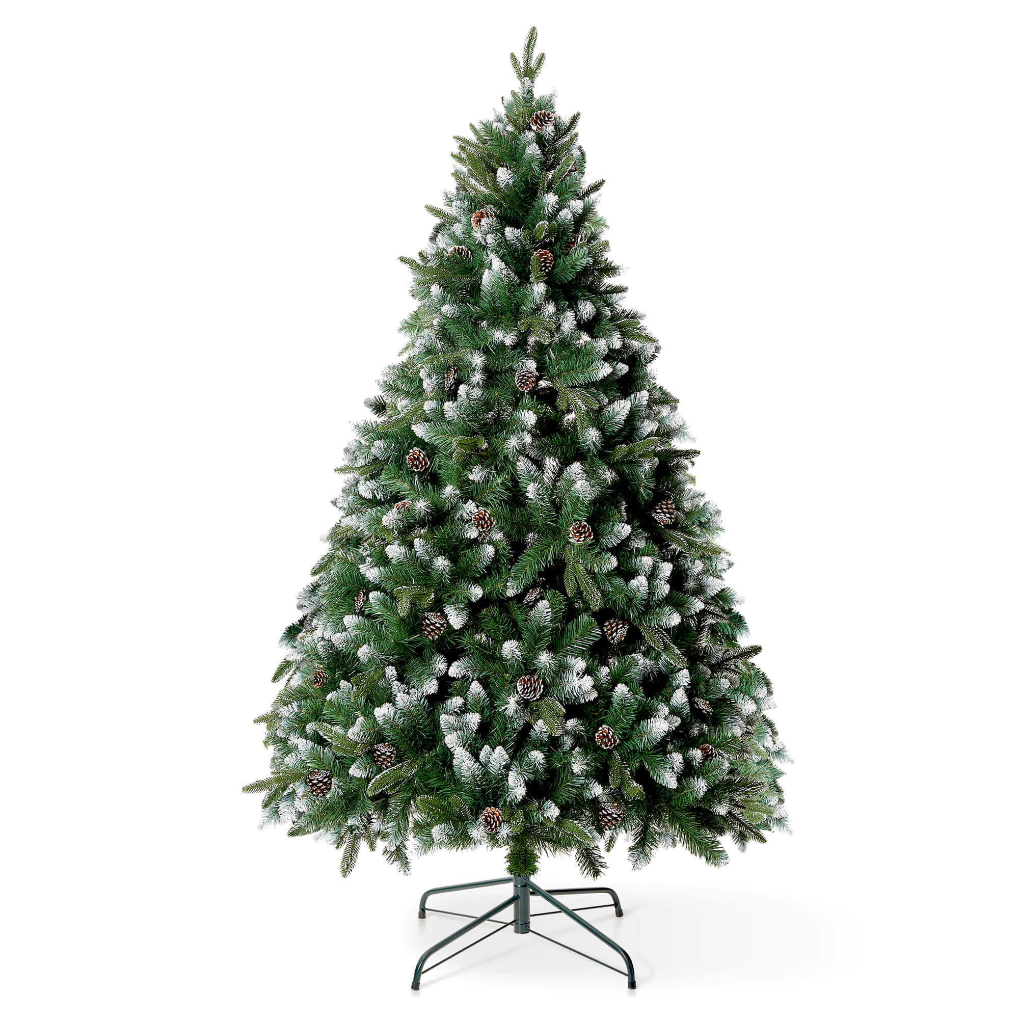 VeryMerry Glacier Snowy Christmas Tree with Real Frosted Pinecones, Foldable Metal Stand, Snow Flocked Artificial Tree PVC and PE Tips