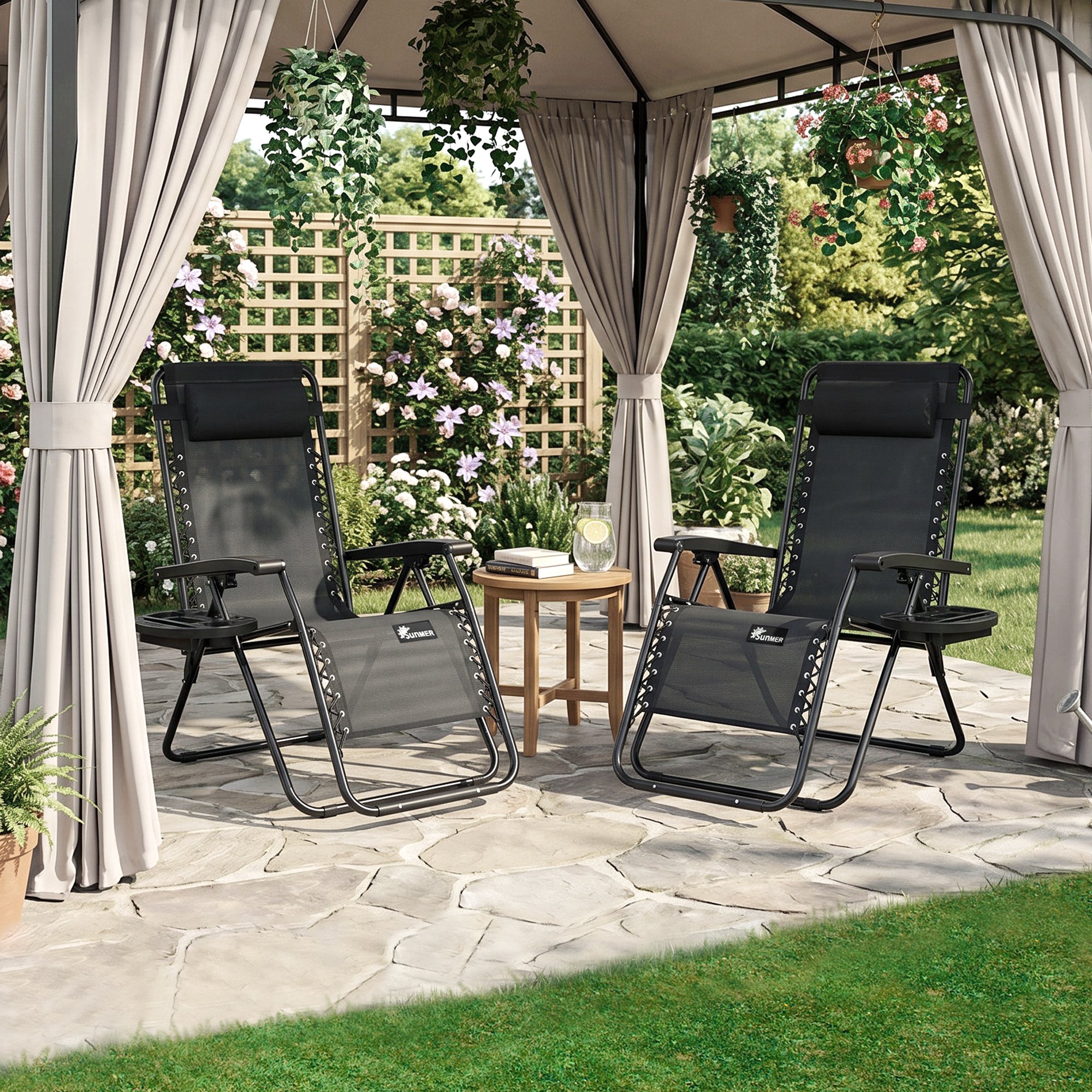 SUNMER Sun Lounger Reclining Garden Chairs with Cup and Phone Holder - Set of 2